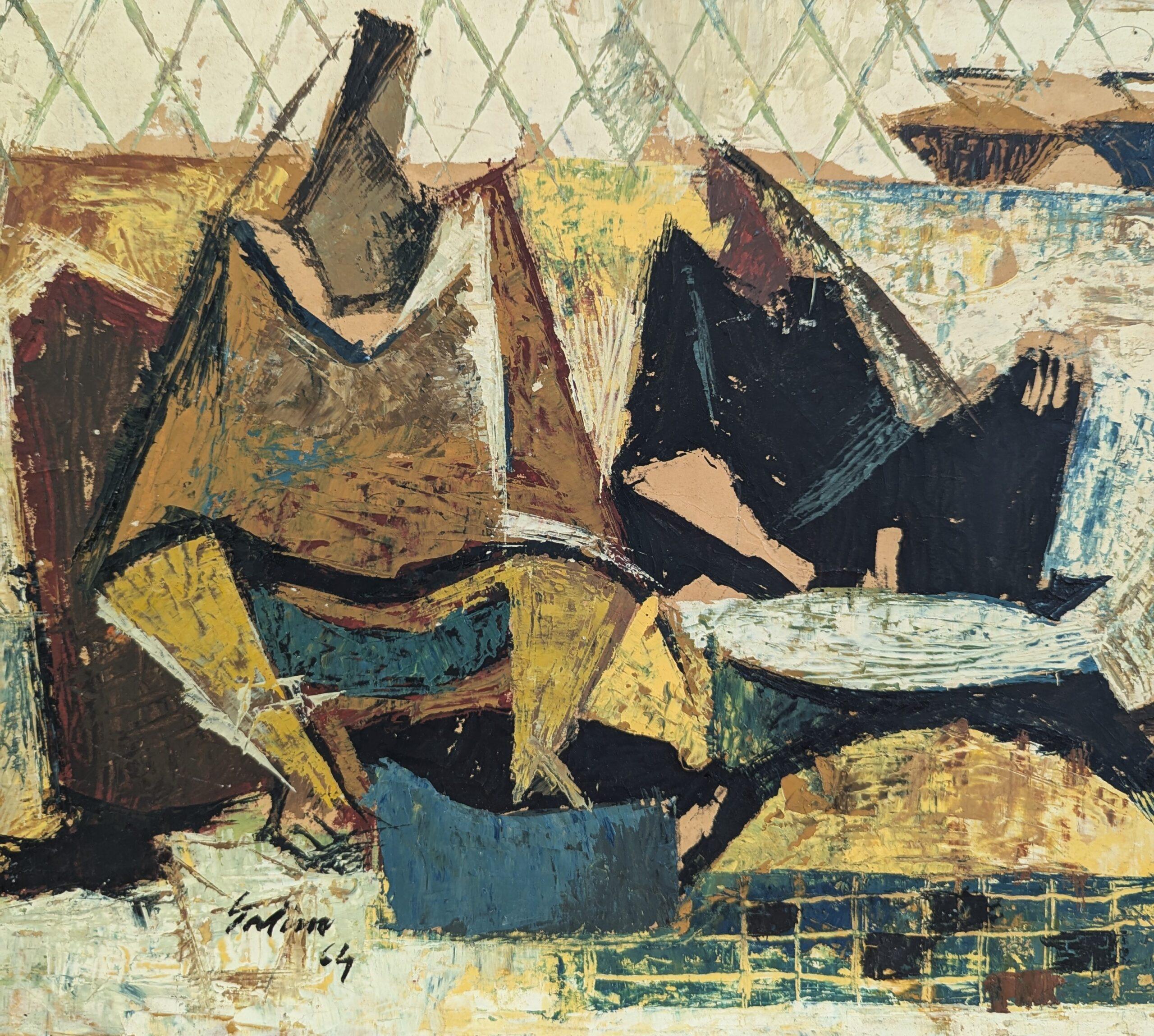1964 Vintage Mid-Century Modern Pittura ad olio astratta - Raduno geometrico in vendita 5