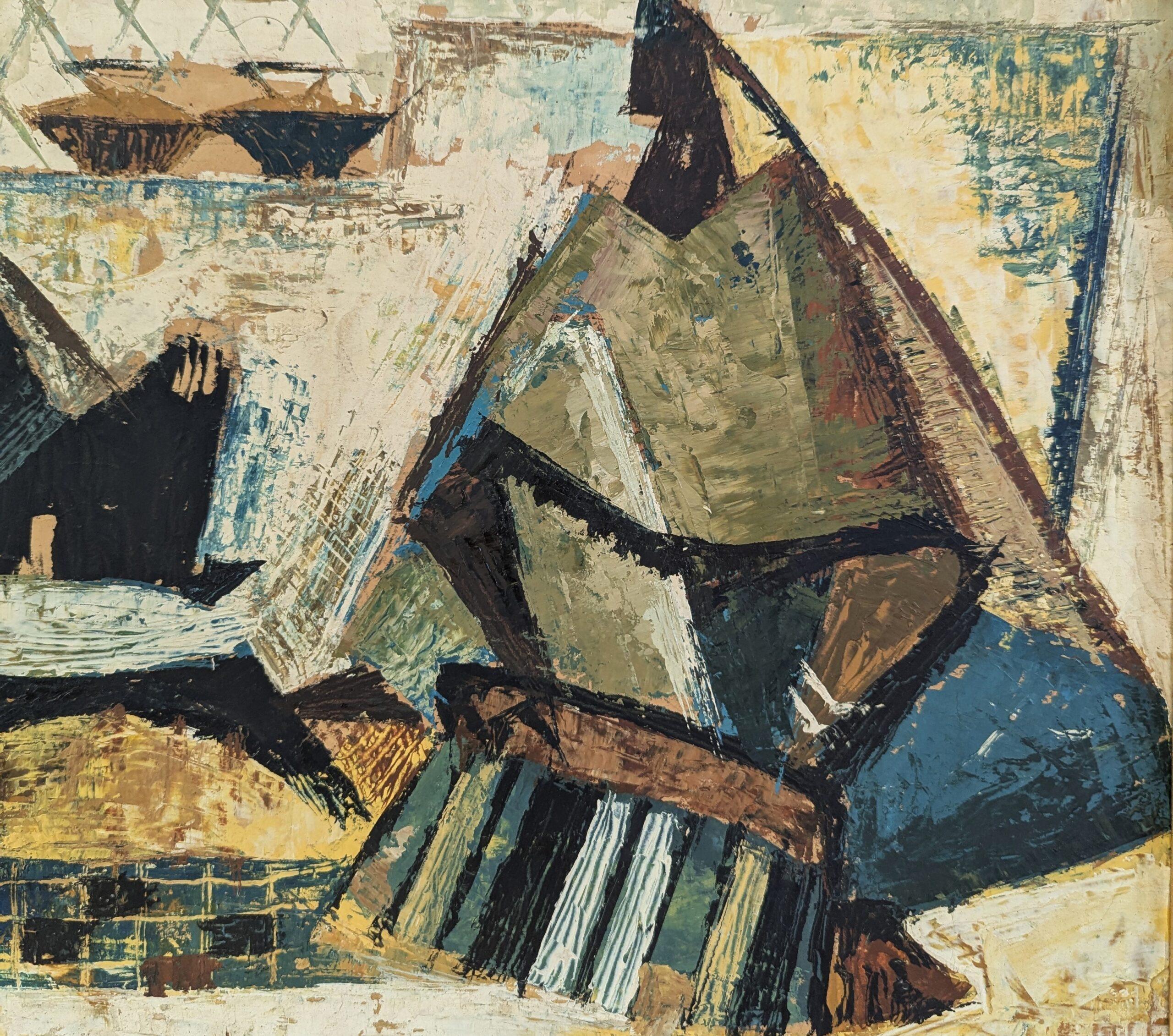 1964 Vintage Mid-Century Modern Pittura ad olio astratta - Raduno geometrico in vendita 6