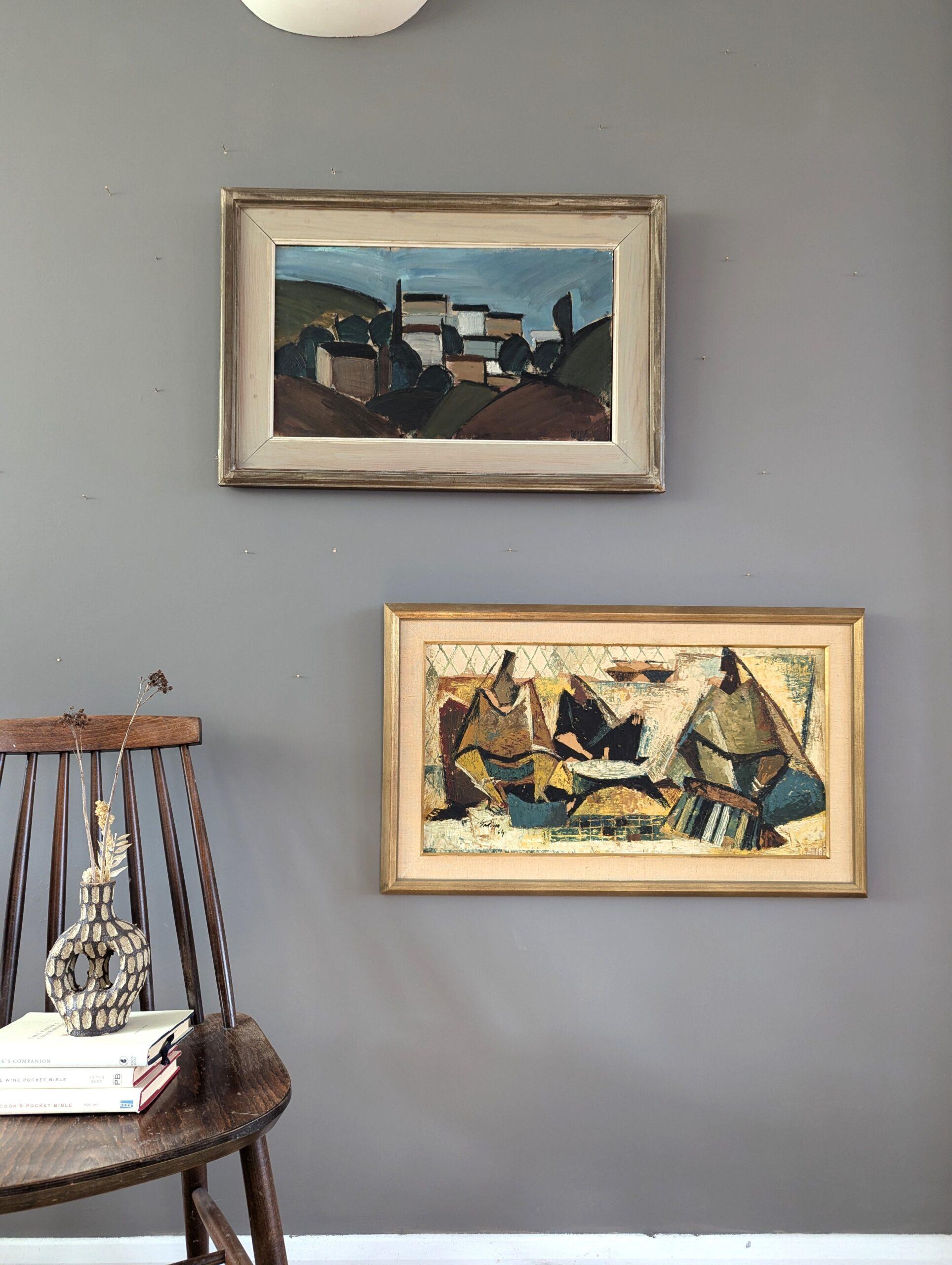 1964 Vintage Mid-Century Modern Pittura ad olio astratta - Raduno geometrico - Painting Astratto di Unknown