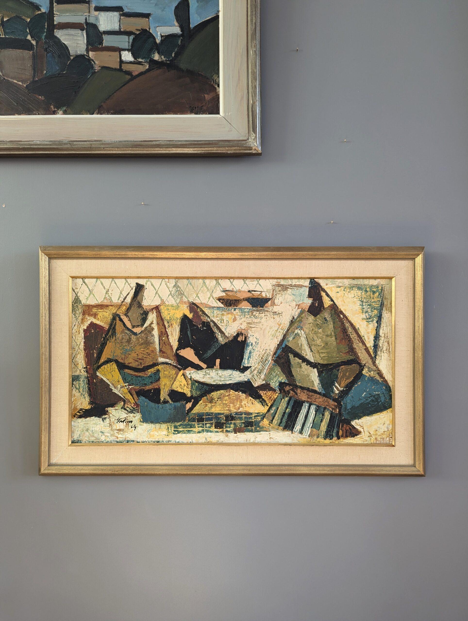 1964 Vintage Mid-Century Modern Pittura ad olio astratta - Raduno geometrico - Abstract Painting Beige di Unknown