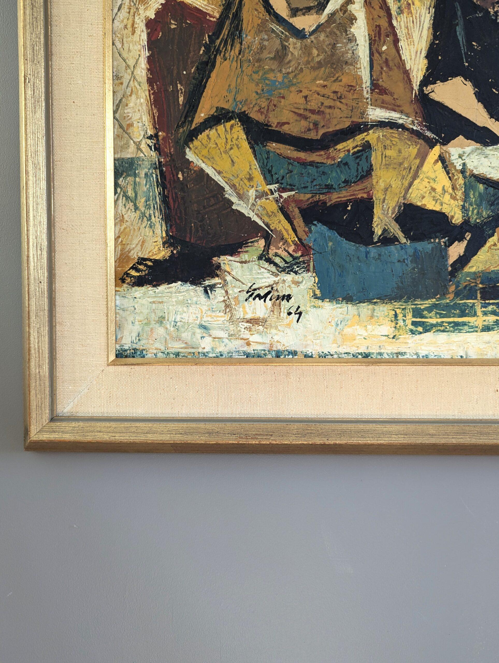 1964 Vintage Mid-Century Modern Pittura ad olio astratta - Raduno geometrico in vendita 2