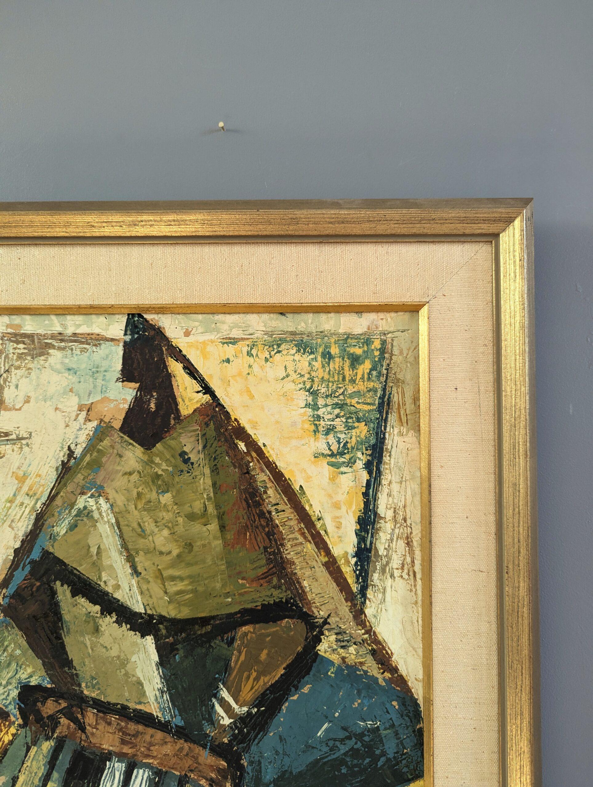 1964 Vintage Mid-Century Modern Pittura ad olio astratta - Raduno geometrico in vendita 3