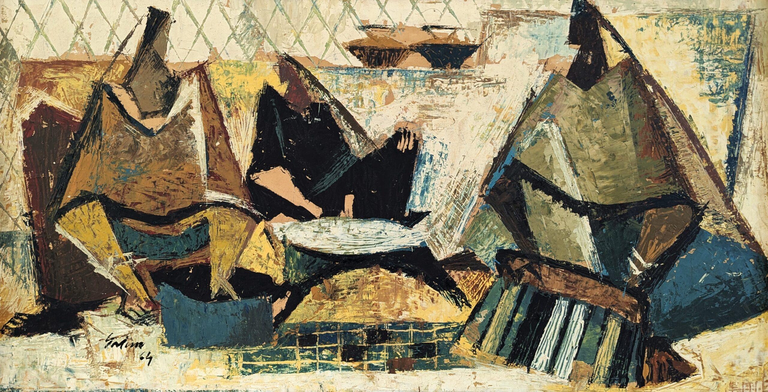 1964 Vintage Mid-Century Modern Pittura ad olio astratta - Raduno geometrico in vendita 4