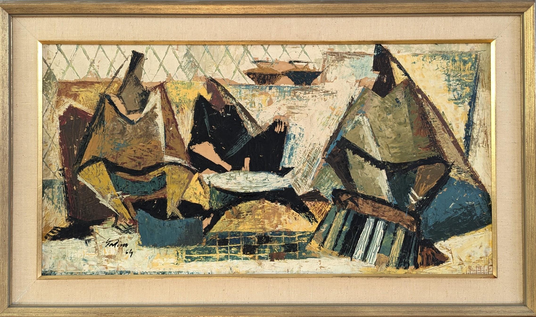 Abstract Painting di Unknown - 1964 Vintage Mid-Century Modern Pittura ad olio astratta - Raduno geometrico