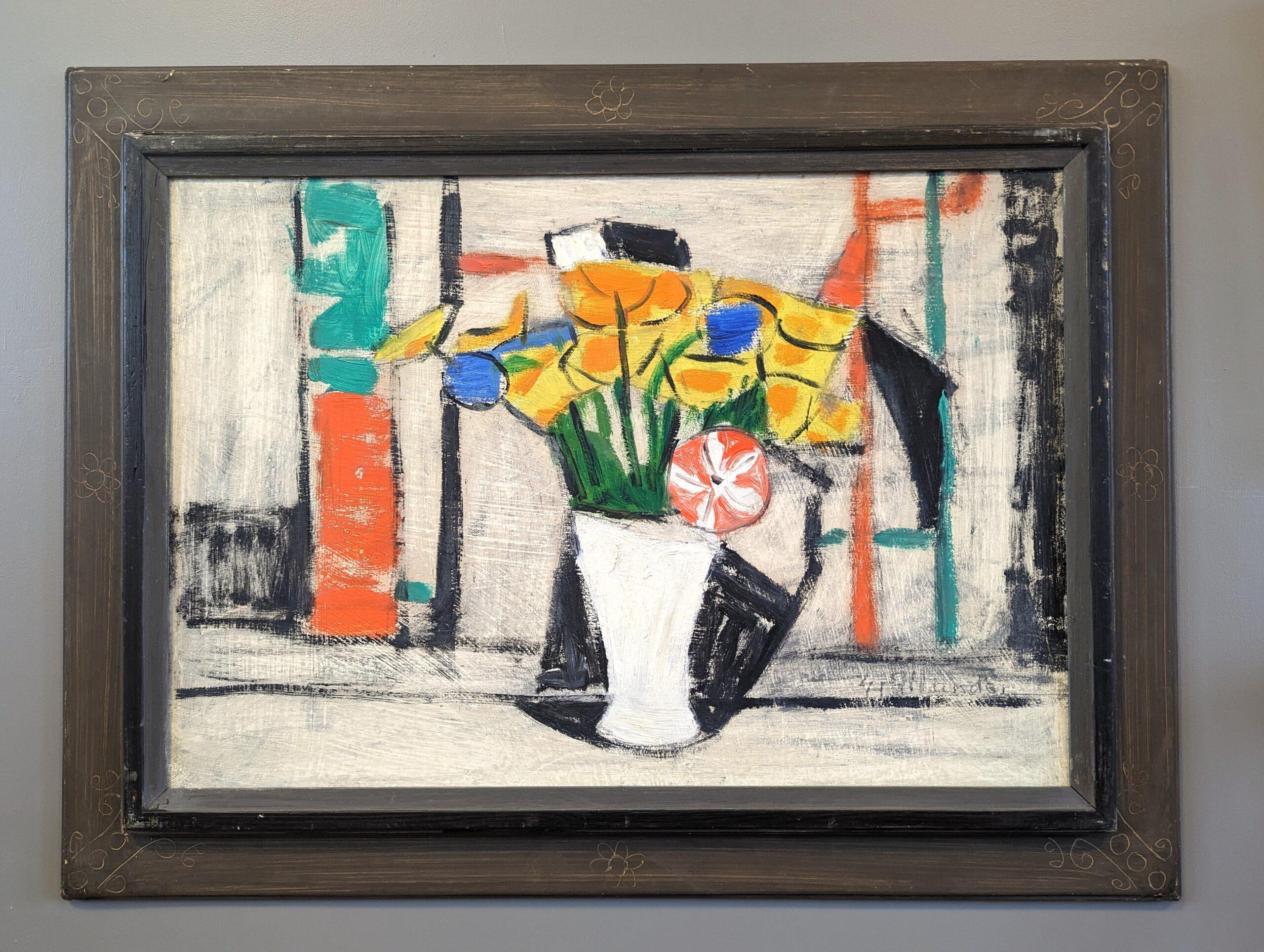 THE BOUQUET
Oil on Board
Size: 51.5 x 68 cm (including frame)

A very unique and vivid mid-century semi-abstract oil composition, painted on board and dated 1964 on the reverse.

In this composition we see a vase of flowers which have been painted