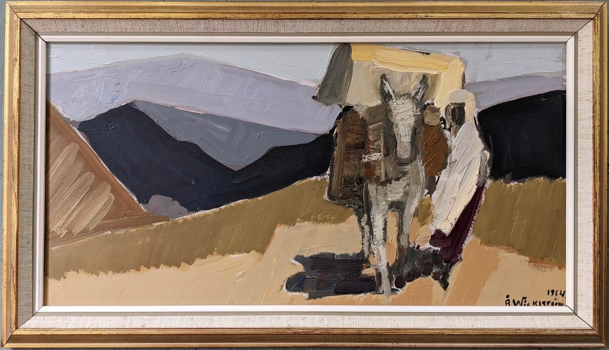 Unknown Landscape Painting - 1964 Vintage Mid-Century Swedish Landscape Oil Painting - In the Desert