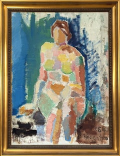 1964 Vintage Modern Abstract Figurative Portrait Painting - Nude in Colour