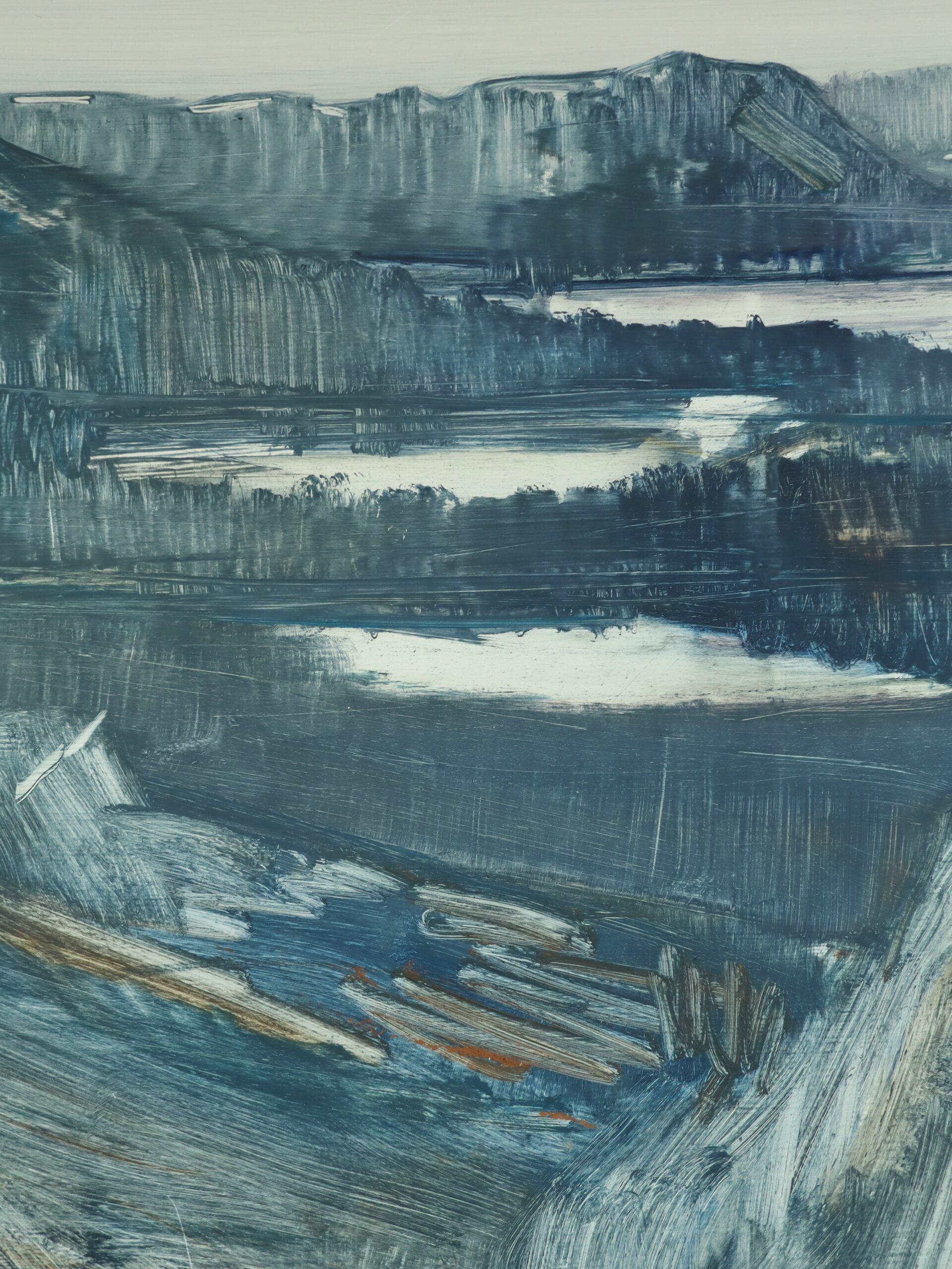 1965 Pittura ad olio di paesaggio espressivo della metà del secolo scorso - Paesaggio di fiordi al crepuscolo in vendita 6