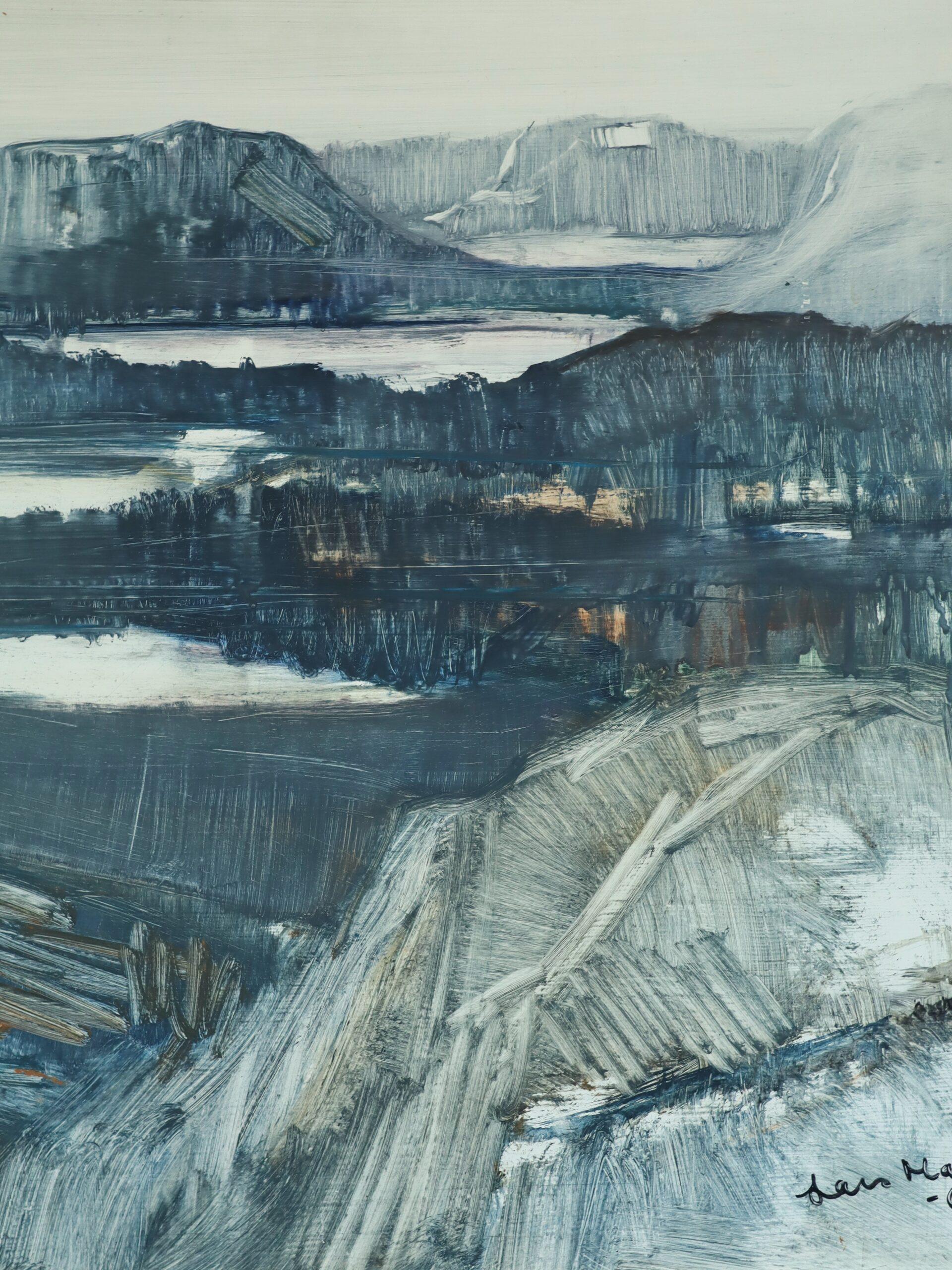 1965 Pittura ad olio di paesaggio espressivo della metà del secolo scorso - Paesaggio di fiordi al crepuscolo in vendita 7