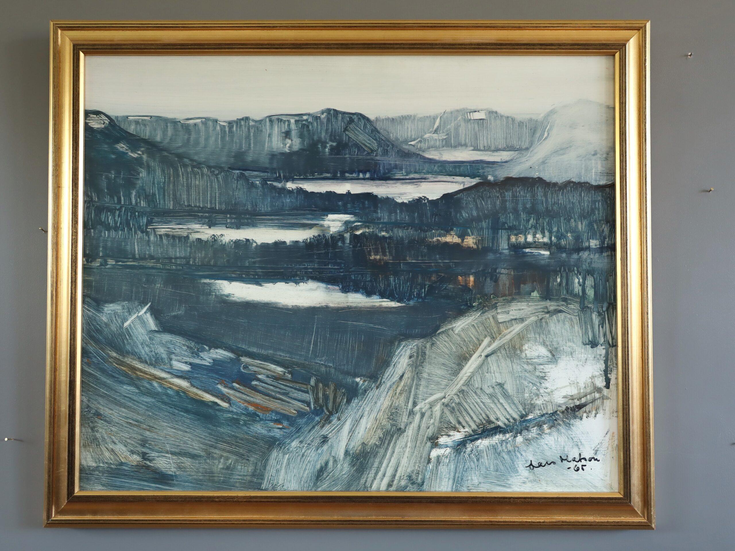 1965 Pittura ad olio di paesaggio espressivo della metà del secolo scorso - Paesaggio di fiordi al crepuscolo - Painting di Unknown