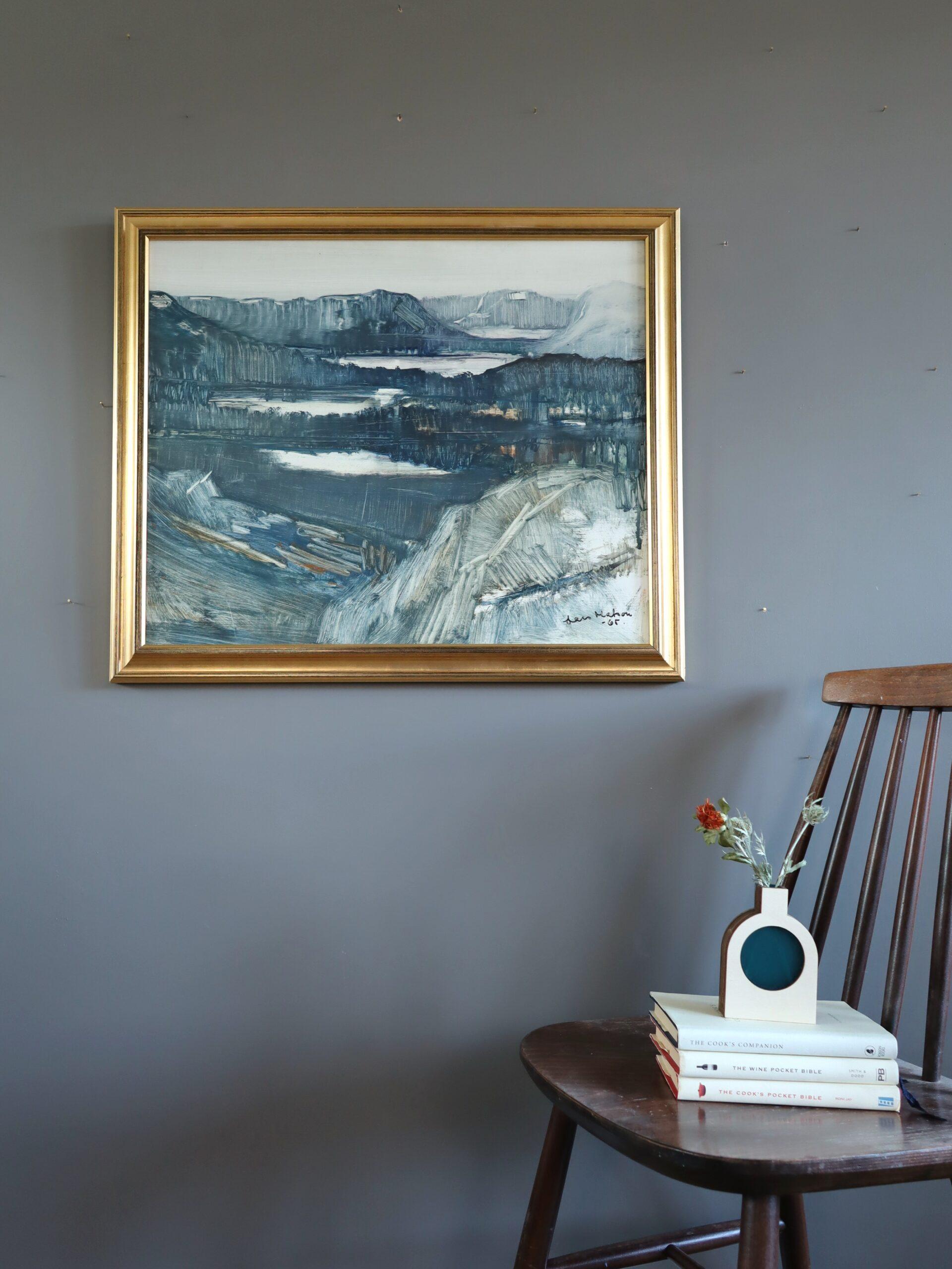 1965 Pittura ad olio di paesaggio espressivo della metà del secolo scorso - Paesaggio di fiordi al crepuscolo - Painting Espressionista di Unknown