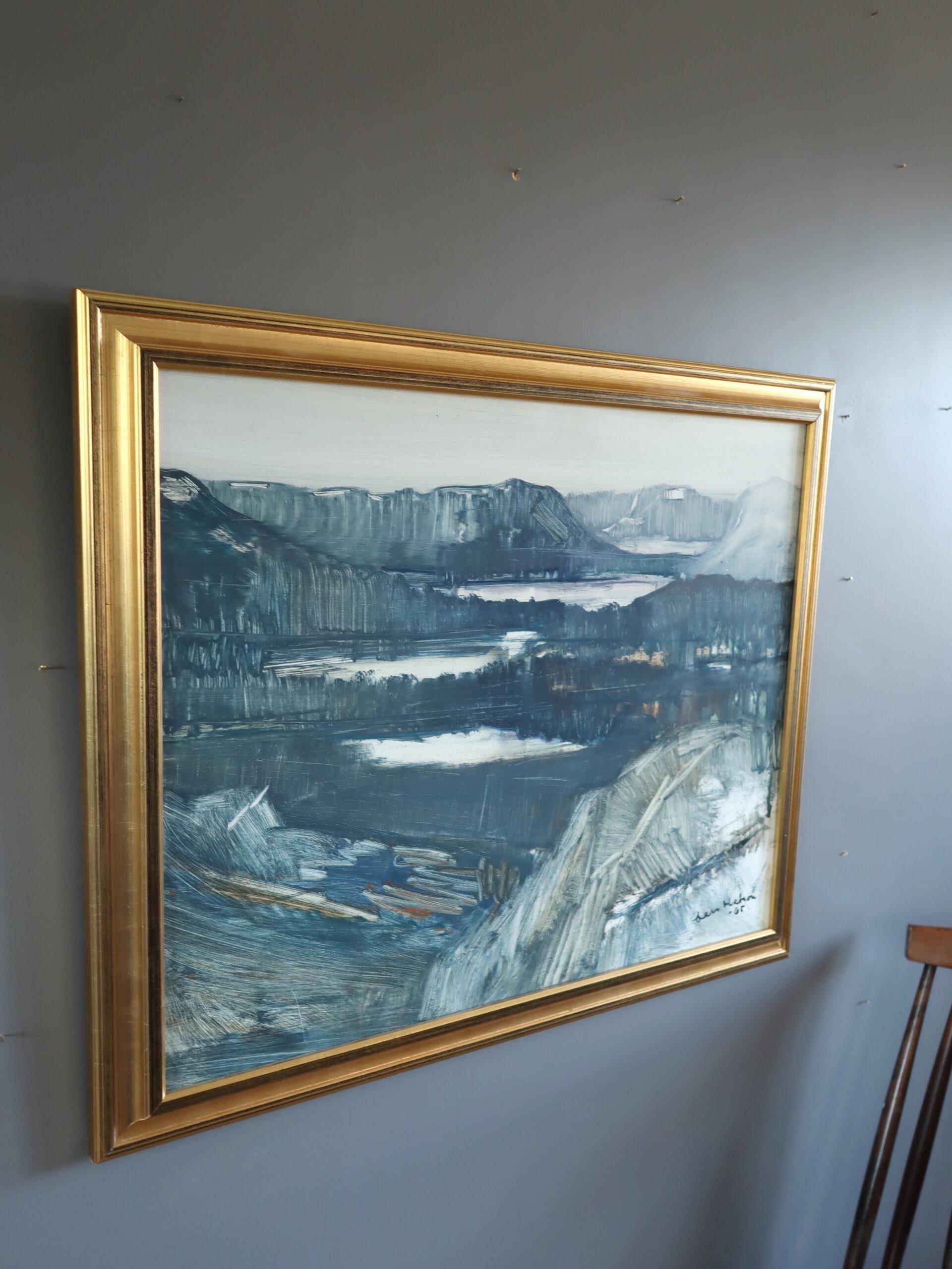 1965 Pittura ad olio di paesaggio espressivo della metà del secolo scorso - Paesaggio di fiordi al crepuscolo in vendita 1