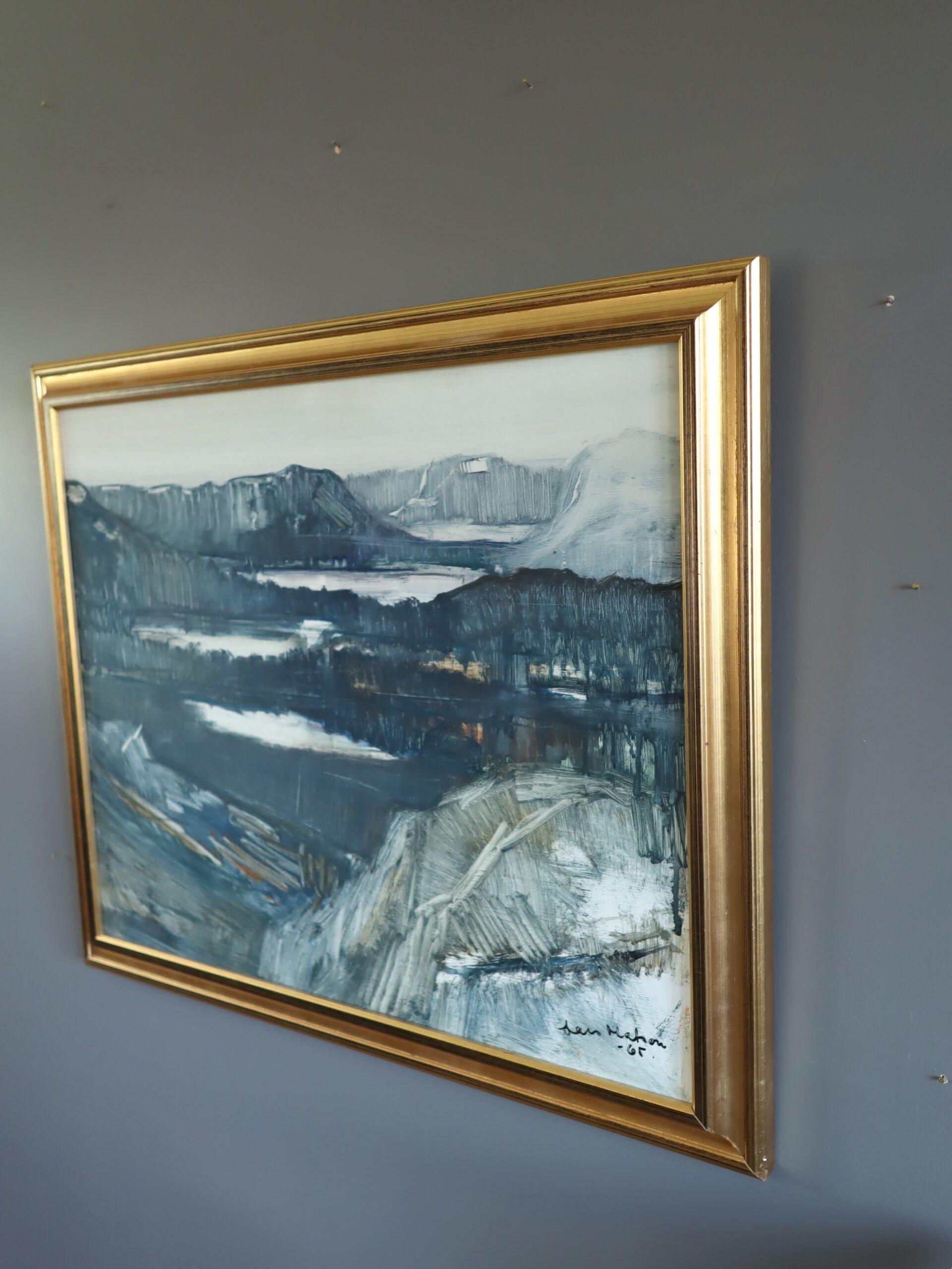 1965 Pittura ad olio di paesaggio espressivo della metà del secolo scorso - Paesaggio di fiordi al crepuscolo in vendita 2