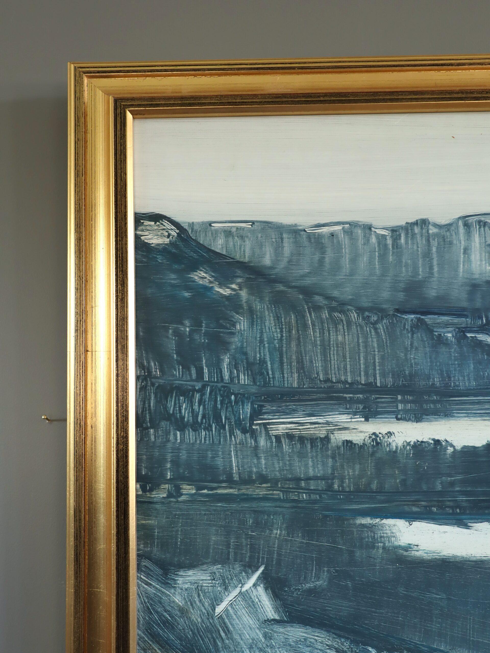 1965 Pittura ad olio di paesaggio espressivo della metà del secolo scorso - Paesaggio di fiordi al crepuscolo in vendita 3