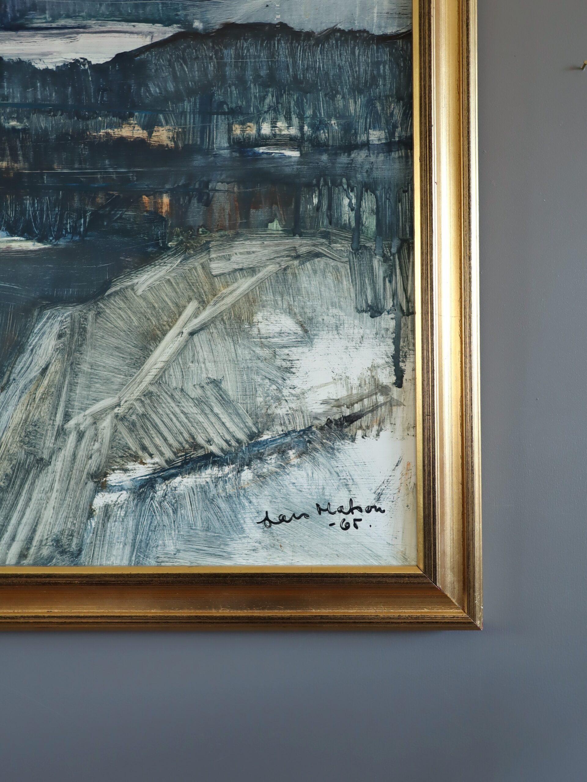 1965 Pittura ad olio di paesaggio espressivo della metà del secolo scorso - Paesaggio di fiordi al crepuscolo in vendita 4