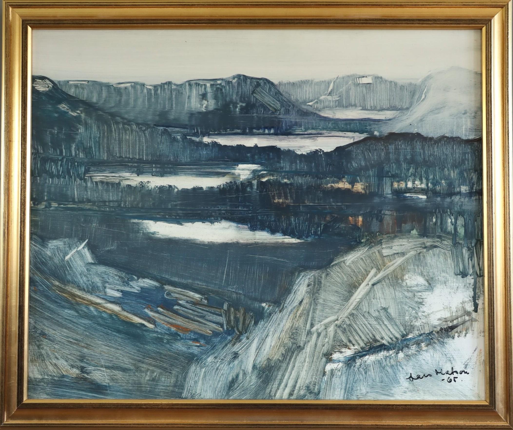 Landscape Painting di Unknown - 1965 Pittura ad olio di paesaggio espressivo della metà del secolo scorso - Paesaggio di fiordi al crepuscolo