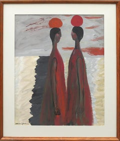 1965 Mid-Century Modern Figurative Gouache Painting - Mystical Connection