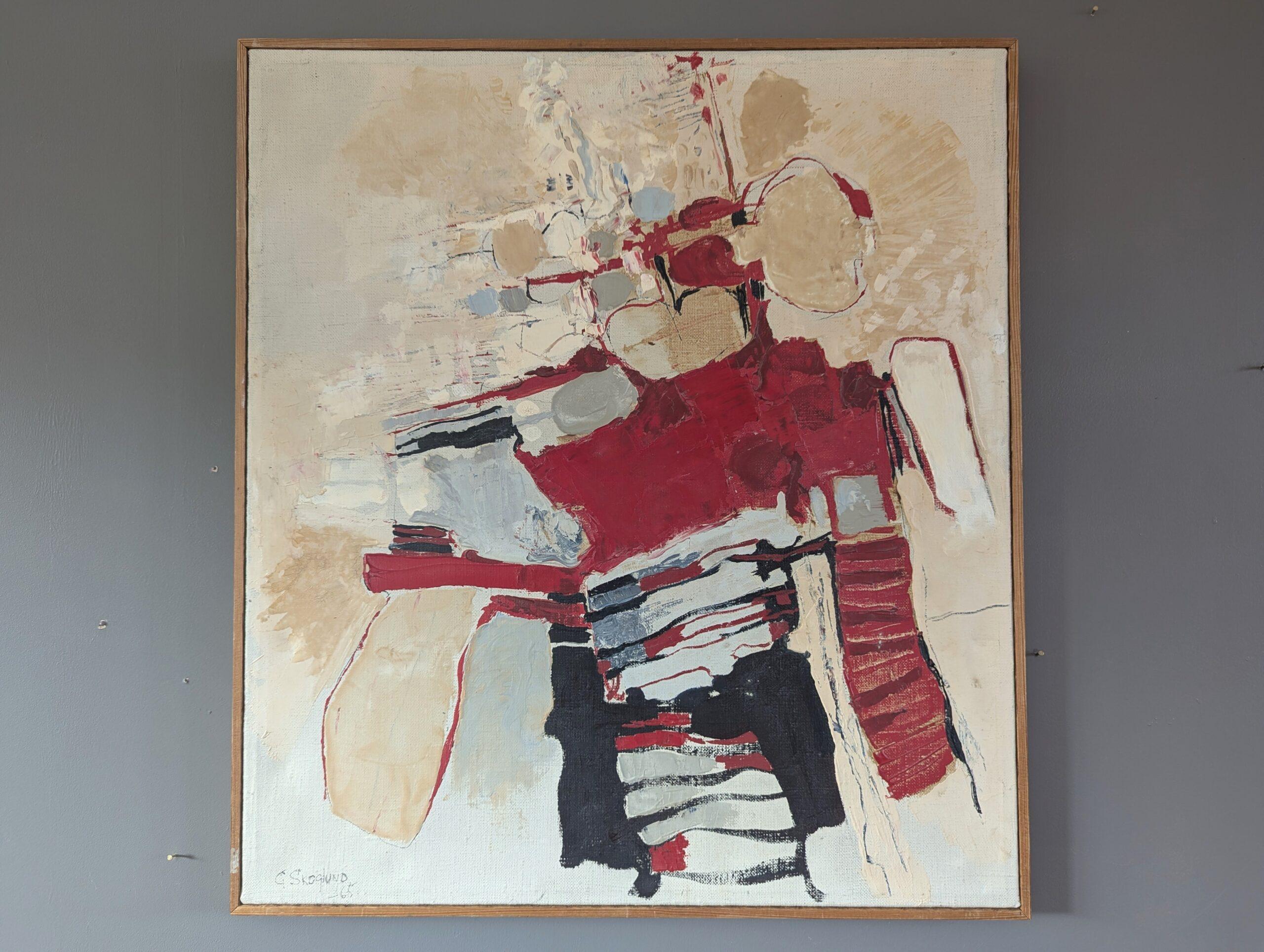 1965 Pittura ad olio astratta originale svedese della metà del secolo scorso - Rosso ritmico - Painting di Unknown