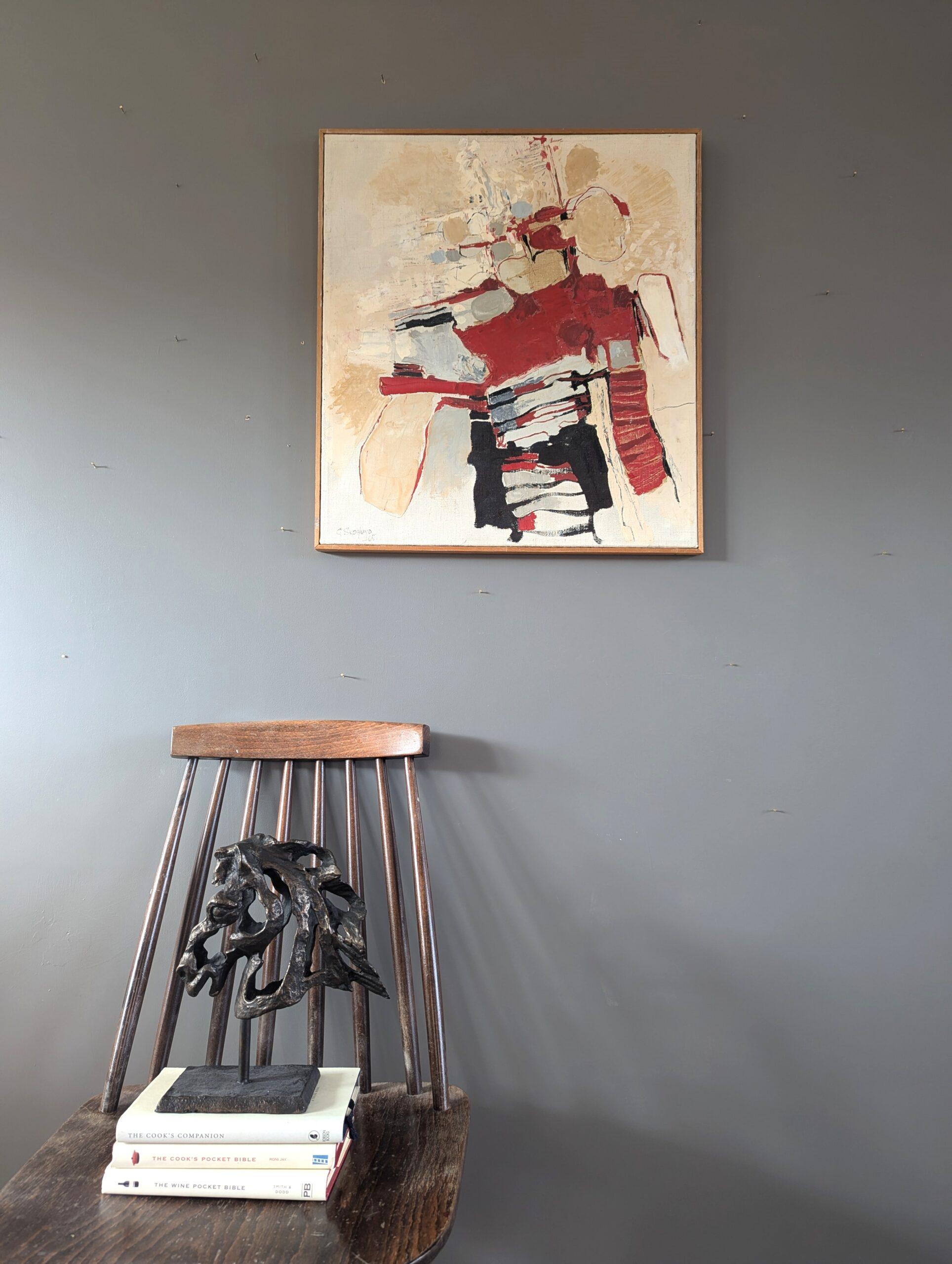 1965 Pittura ad olio astratta originale svedese della metà del secolo scorso - Rosso ritmico - Painting Astratto di Unknown