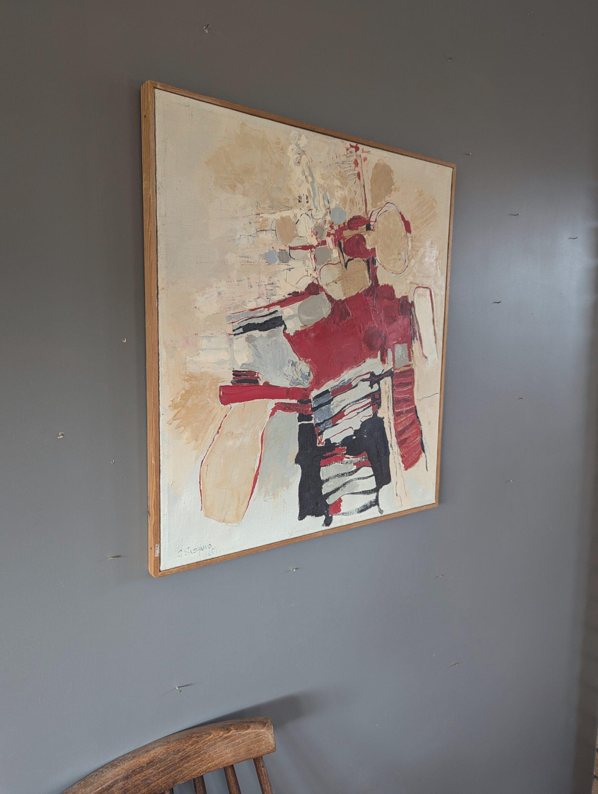 1965 Pittura ad olio astratta originale svedese della metà del secolo scorso - Rosso ritmico - Abstract Painting Beige di Unknown