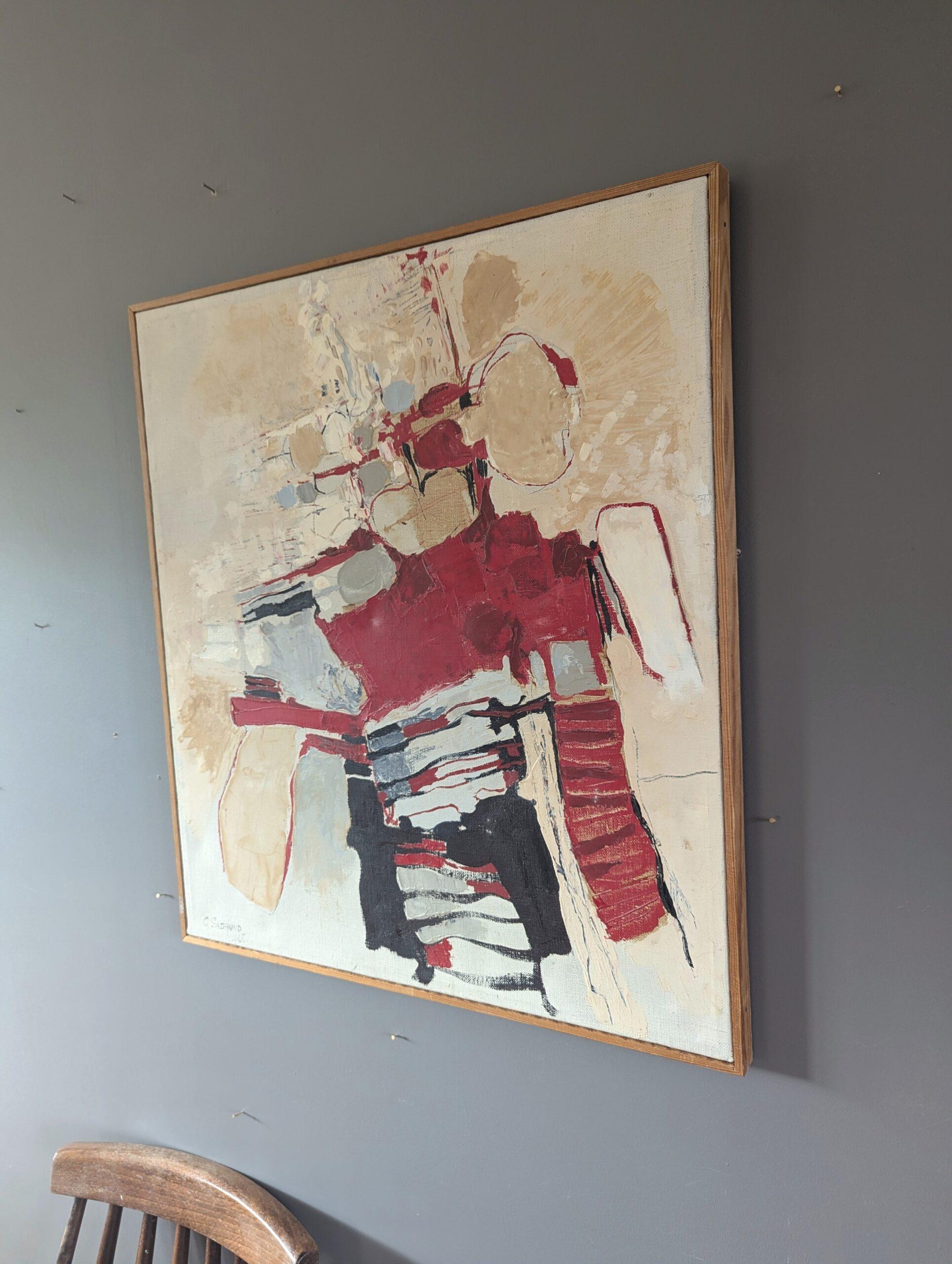 ROSSO RITMICO
Dimensioni: 54 x 49 cm (cornice inclusa)
Olio su tela

Una coinvolgente e dinamica composizione astratta di metà secolo, eseguita a olio su tela e datata 1965.

Di natura astratta, il dipinto si concentra sulla forma, sul colore e