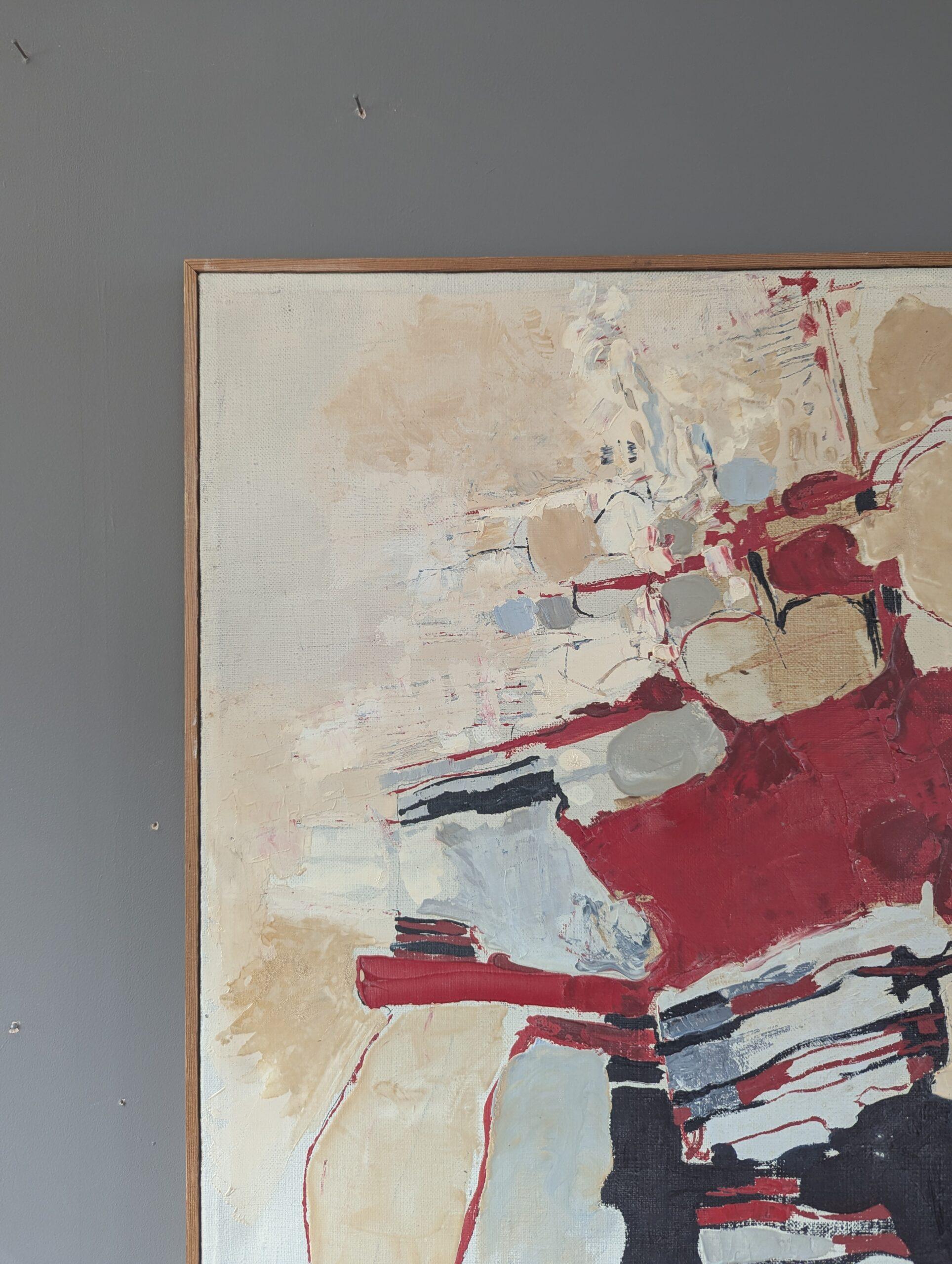 1965 Pittura ad olio astratta originale svedese della metà del secolo scorso - Rosso ritmico in vendita 1