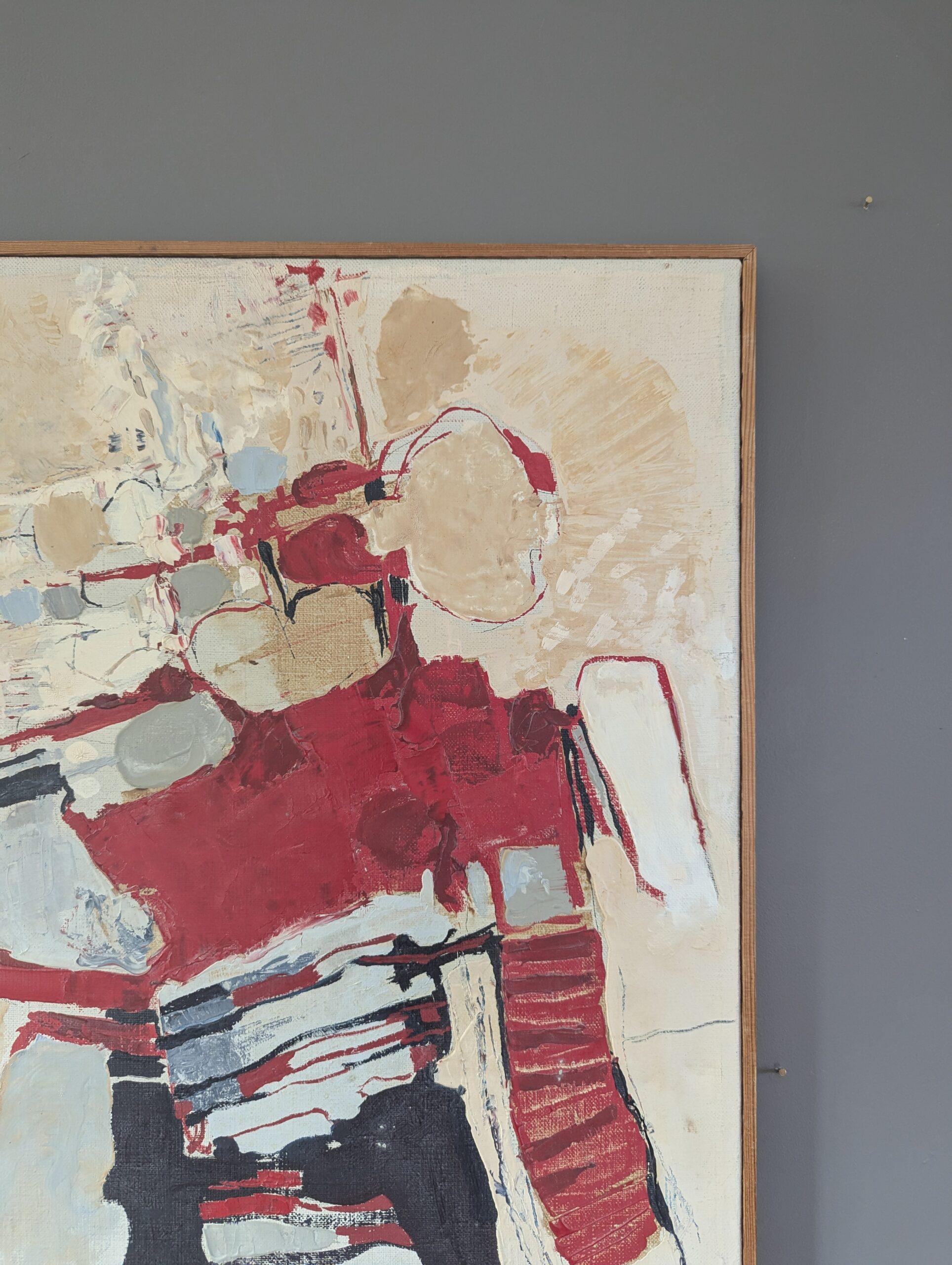 1965 Pittura ad olio astratta originale svedese della metà del secolo scorso - Rosso ritmico in vendita 2