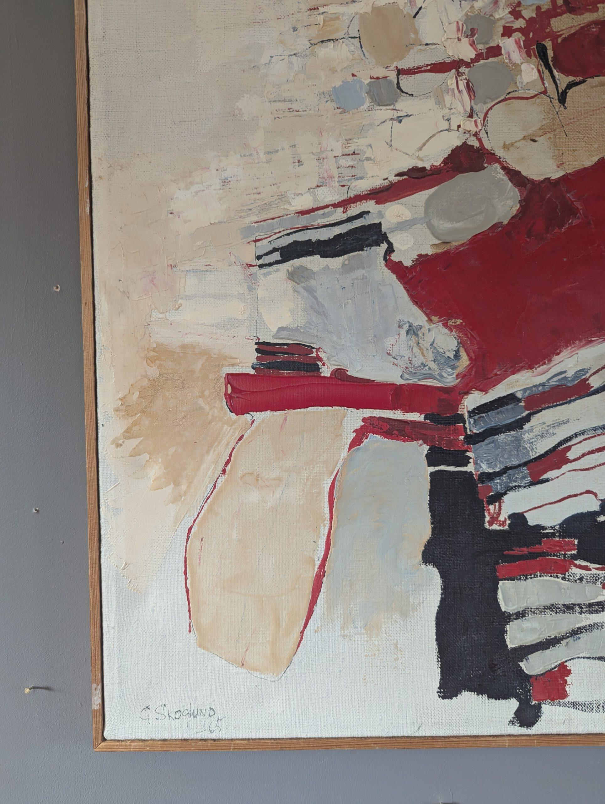 1965 Pittura ad olio astratta originale svedese della metà del secolo scorso - Rosso ritmico in vendita 3