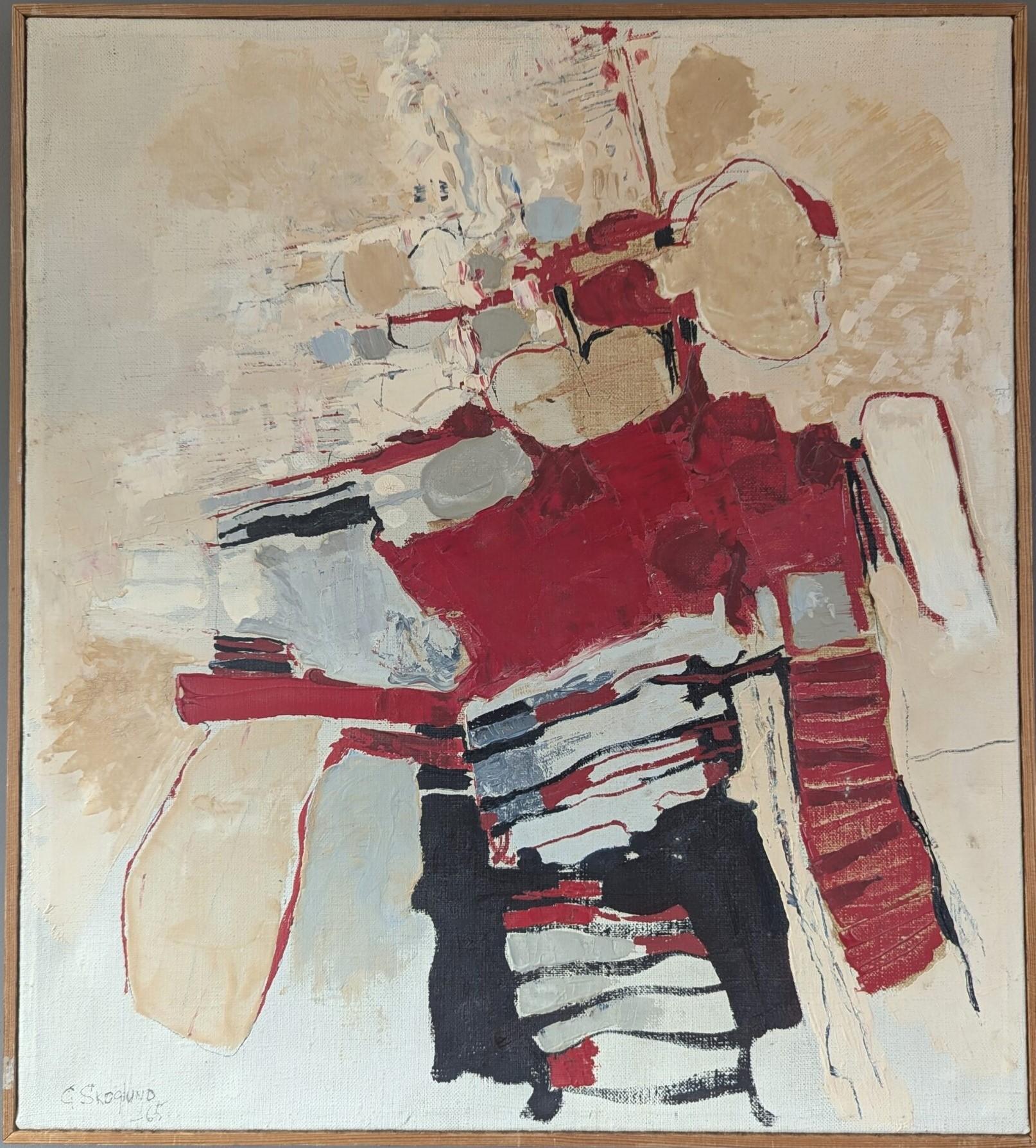 Abstract Painting di Unknown - 1965 Pittura ad olio astratta originale svedese della metà del secolo scorso - Rosso ritmico