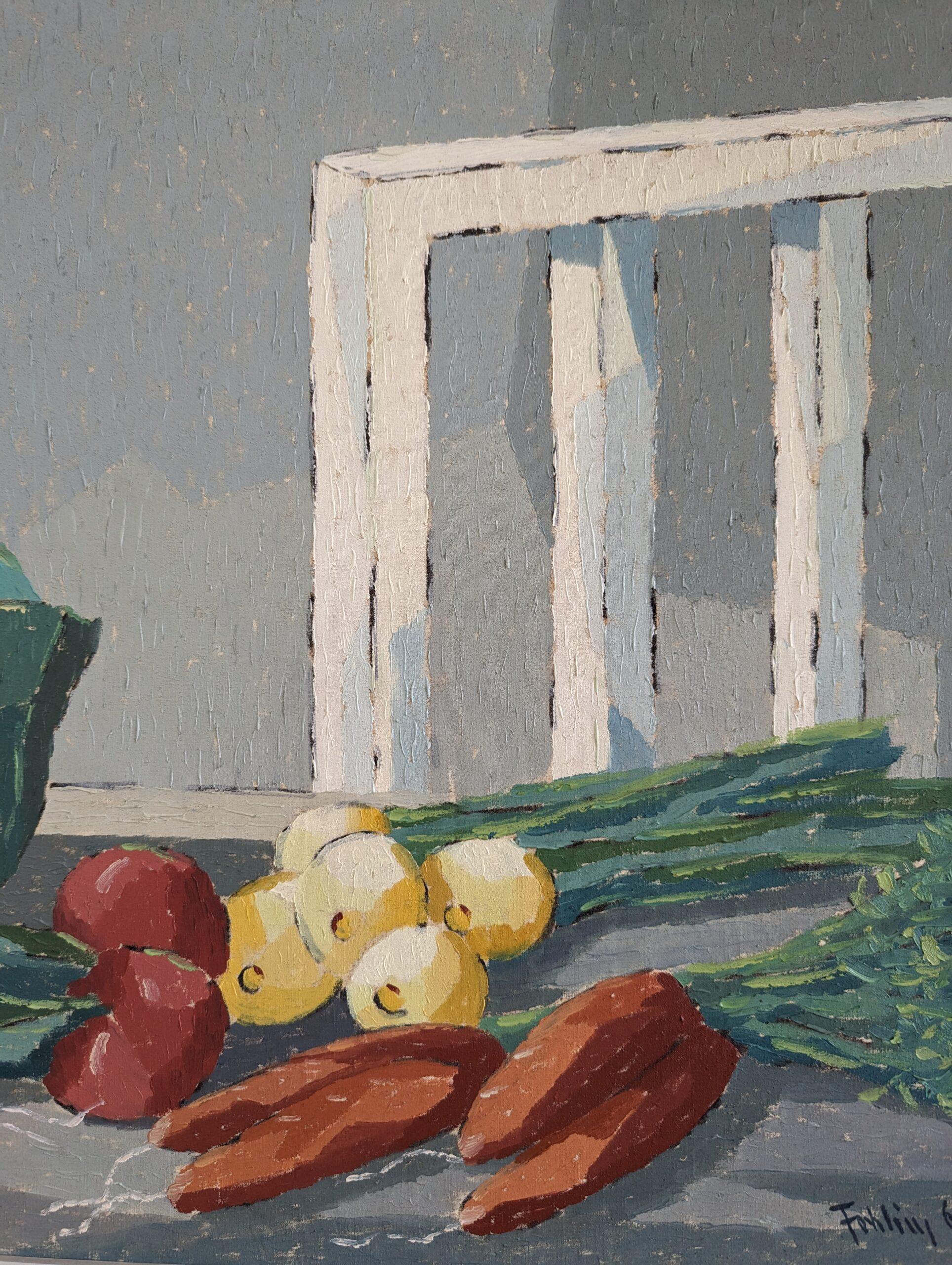 1965 Vintage Mid-Century Modern Swedish Still Life Oil Painting - Vegetables (Nature morte suédoise) en vente 7