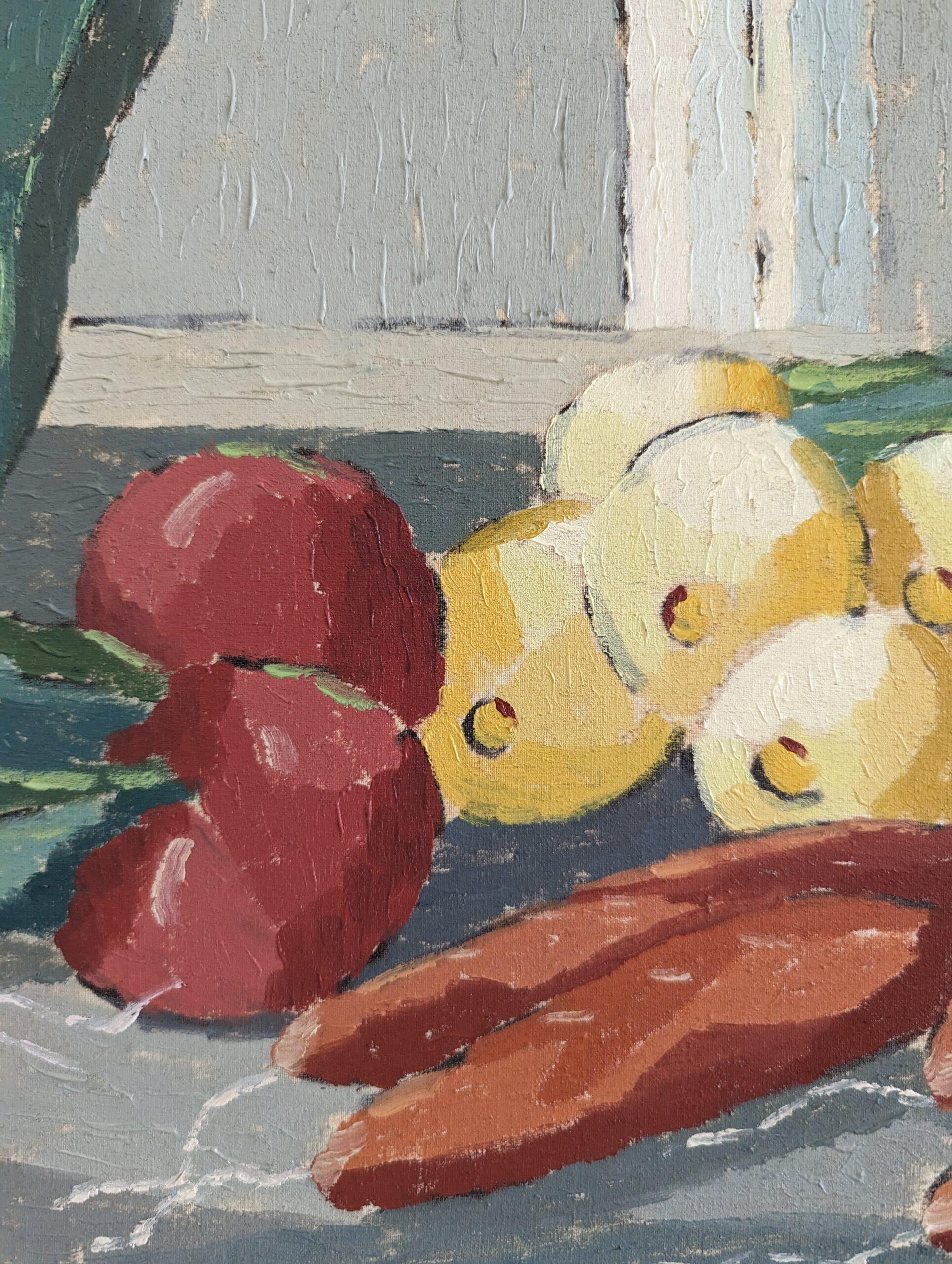 1965 Vintage Mid-Century Modern Swedish Still Life Oil Painting - Vegetables For Sale 9