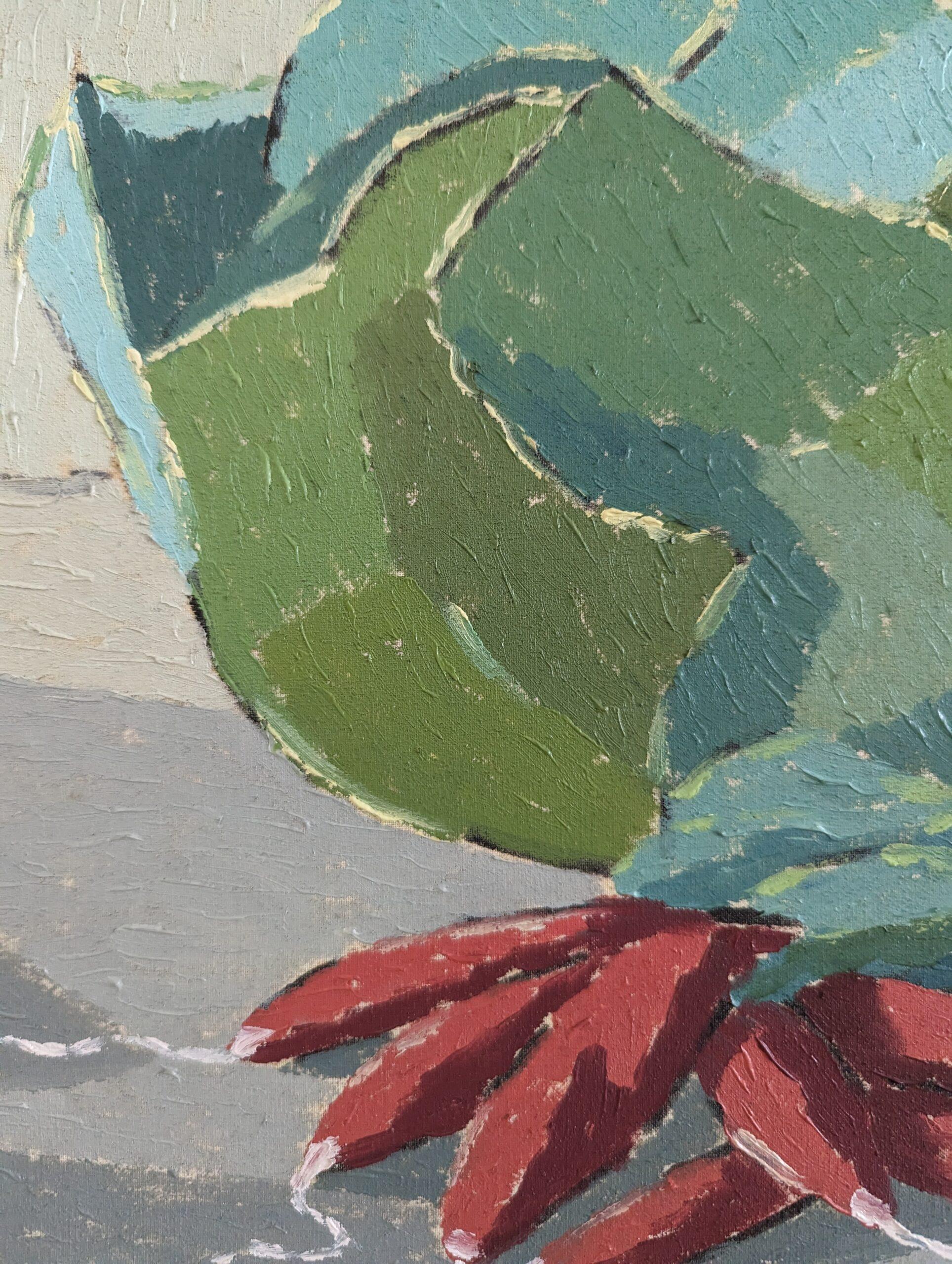 1965 Vintage Mid-Century Modern Swedish Still Life Oil Painting - Vegetables (Nature morte suédoise) en vente 9