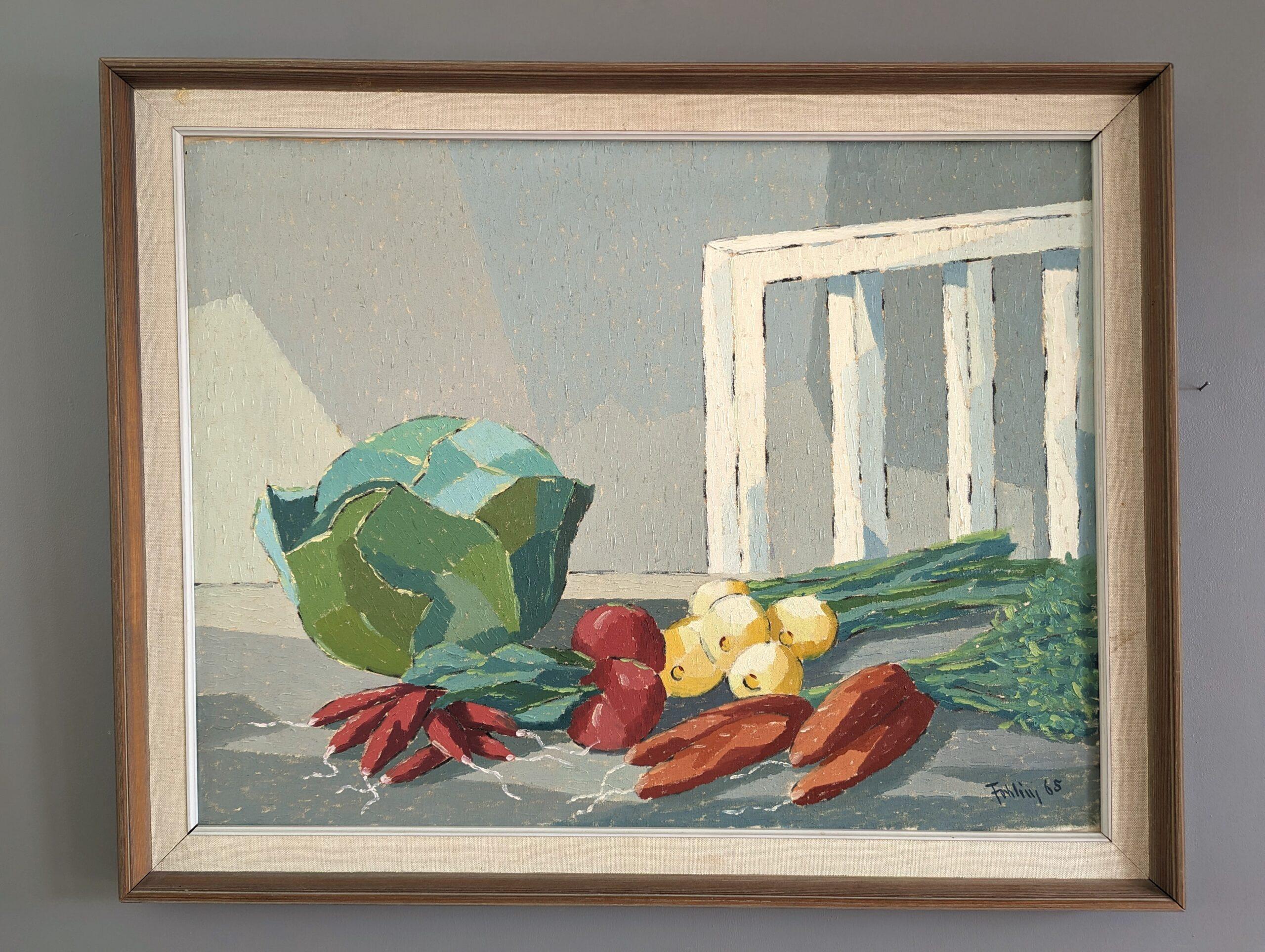 STILL LIFE WITH VEGETABLES
Size: 59 x 74 cm (including frame)
Oil on Canvas

A brilliantly executed modernist style still life composition, executed in oil onto canvas and dated 1965.

The artwork depicts a tabletop setting featuring an assortment