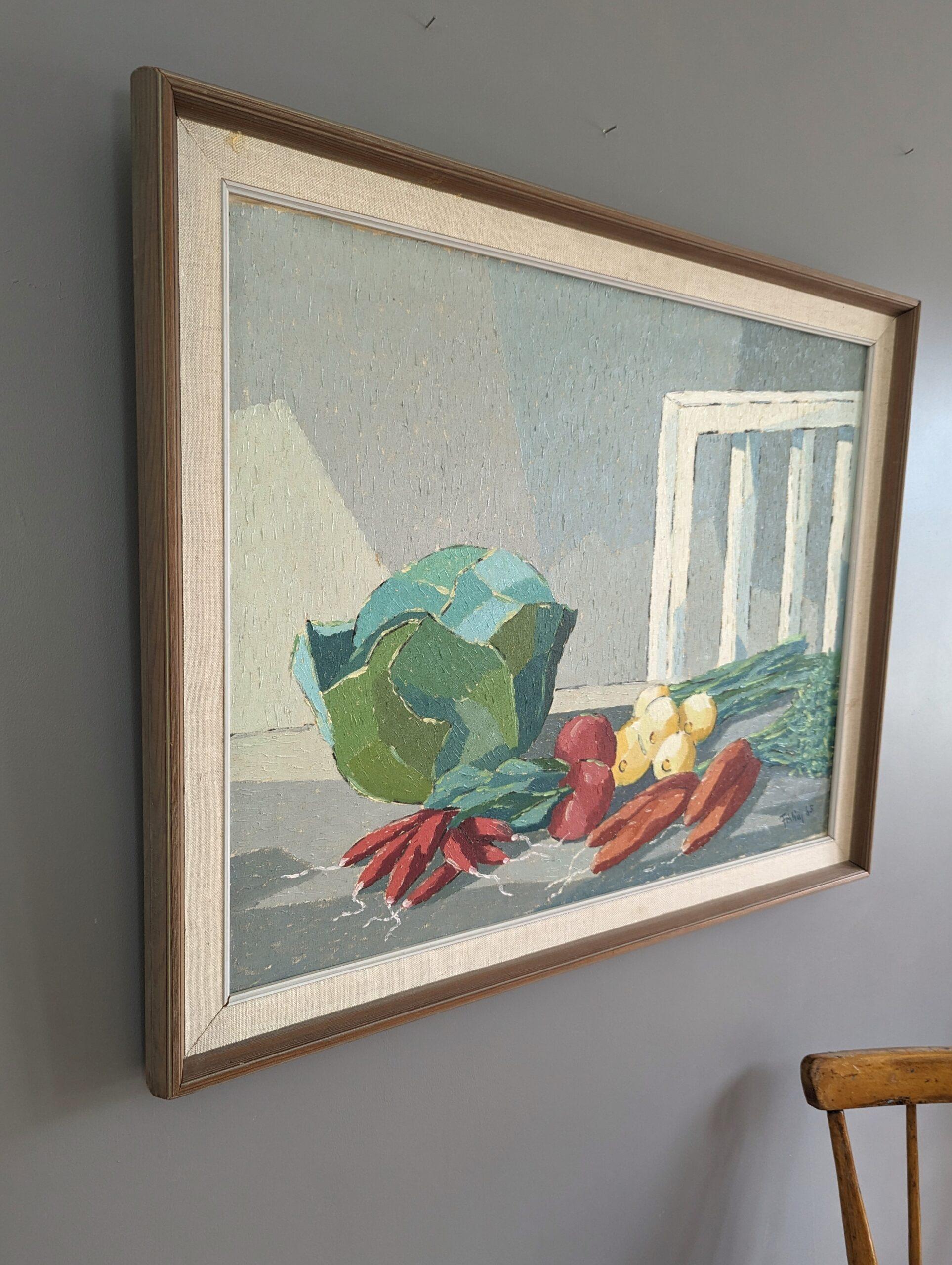 1965 Vintage Mid-Century Modern Swedish Still Life Oil Painting - Vegetables For Sale 2
