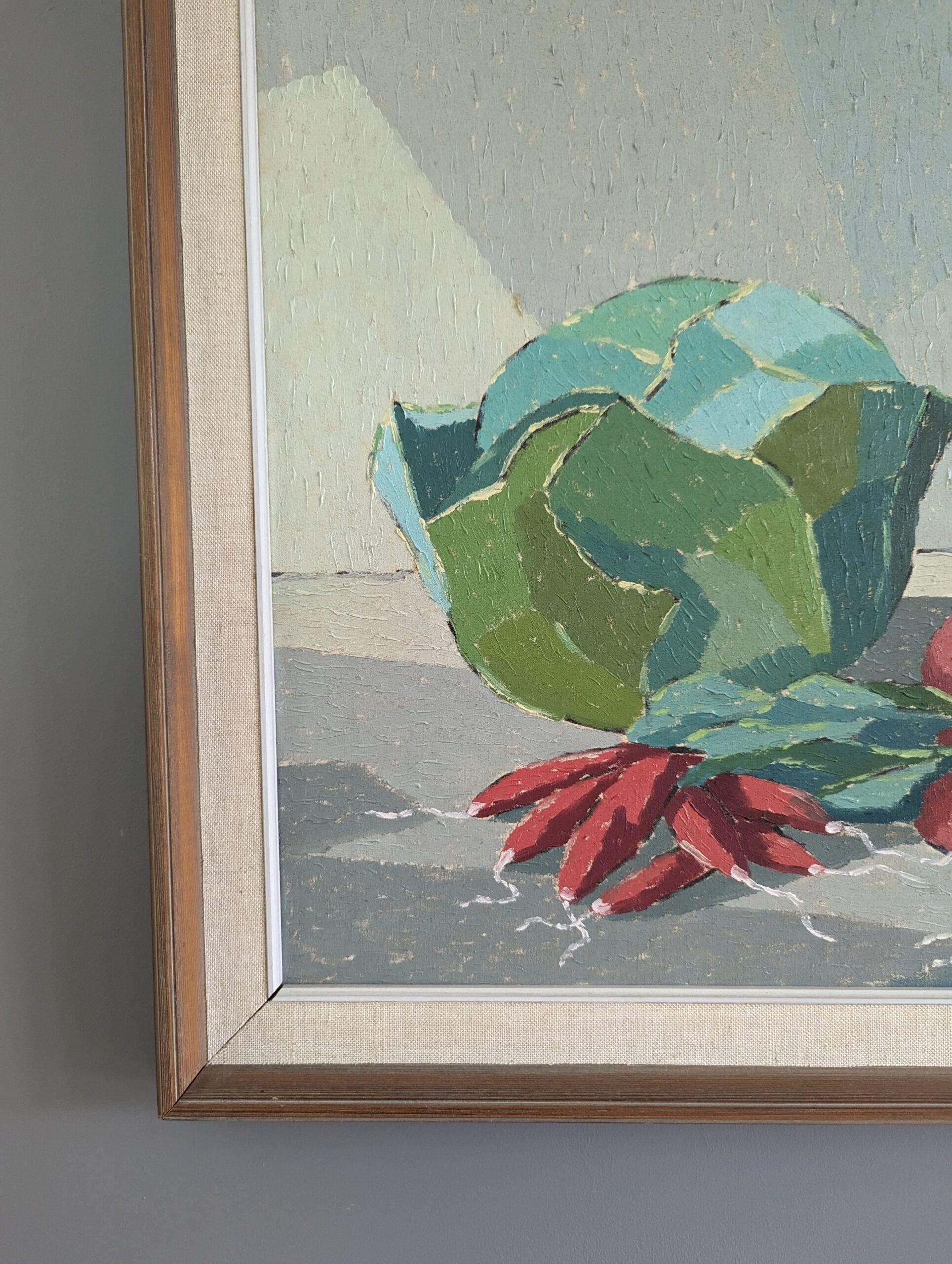 1965 Vintage Mid-Century Modern Swedish Still Life Oil Painting - Vegetables For Sale 4