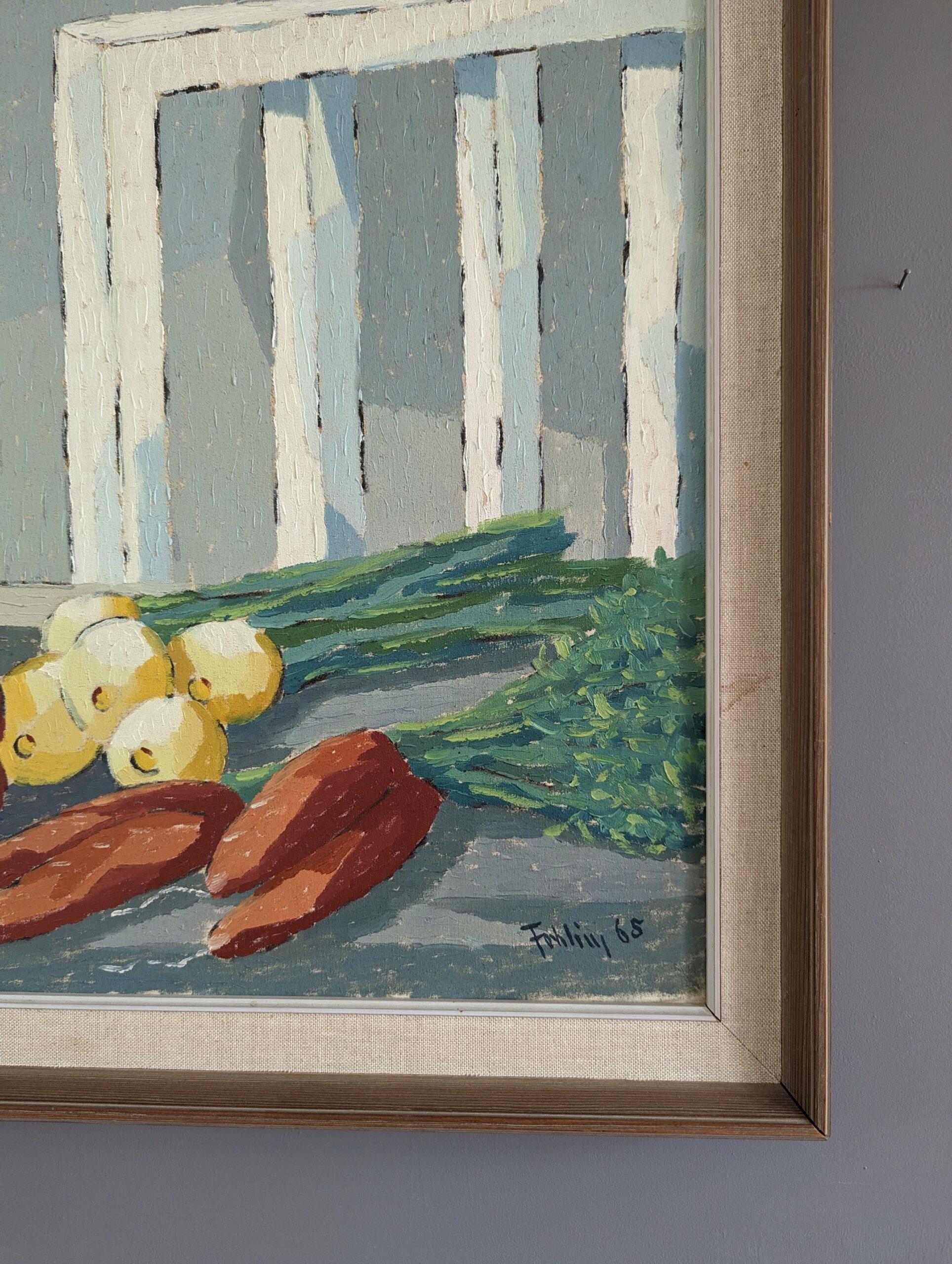 1965 Vintage Mid-Century Modern Swedish Still Life Oil Painting - Vegetables For Sale 6