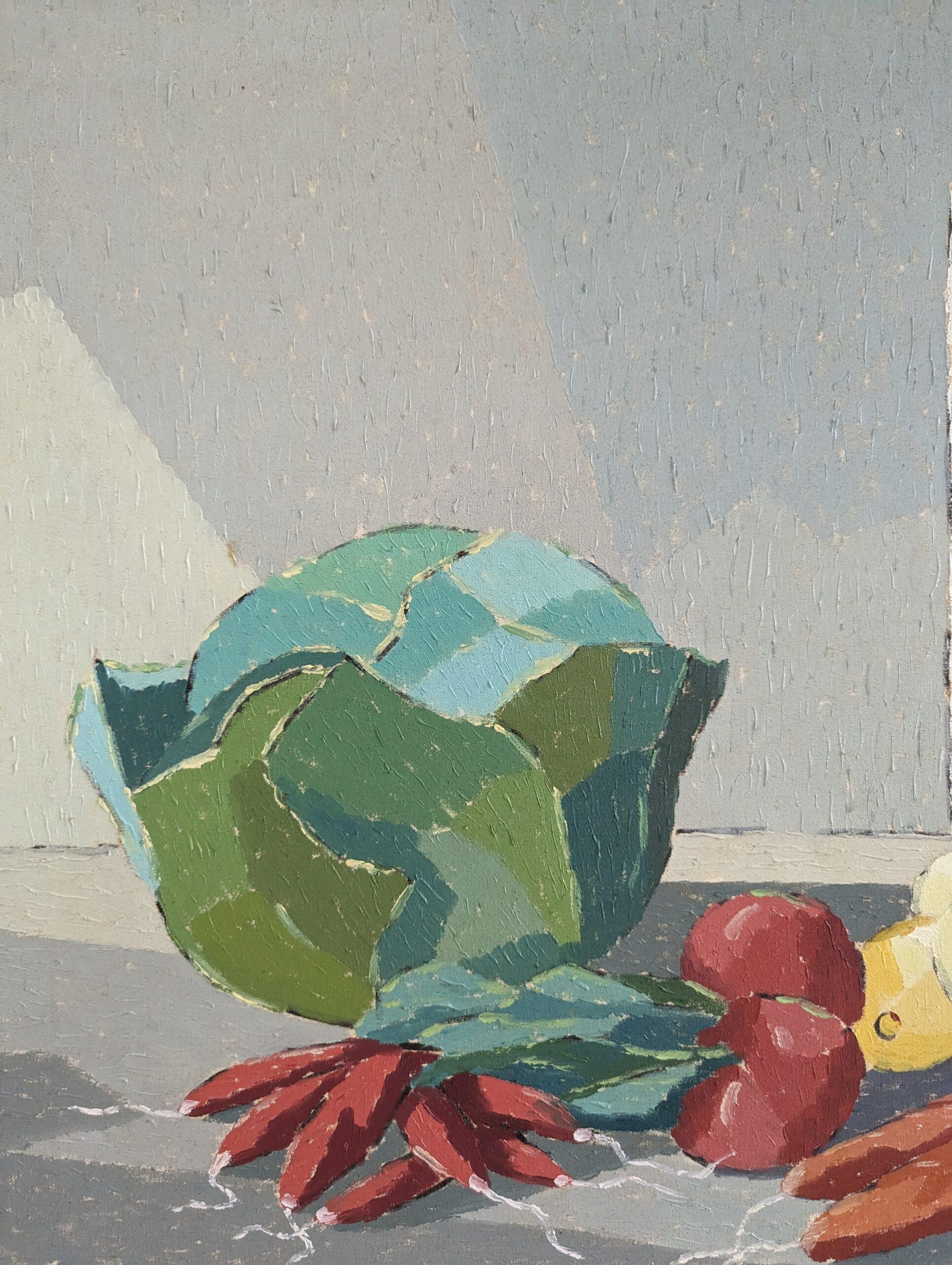 1965 Vintage Mid-Century Modern Swedish Still Life Oil Painting - Vegetables (Nature morte suédoise) en vente 6