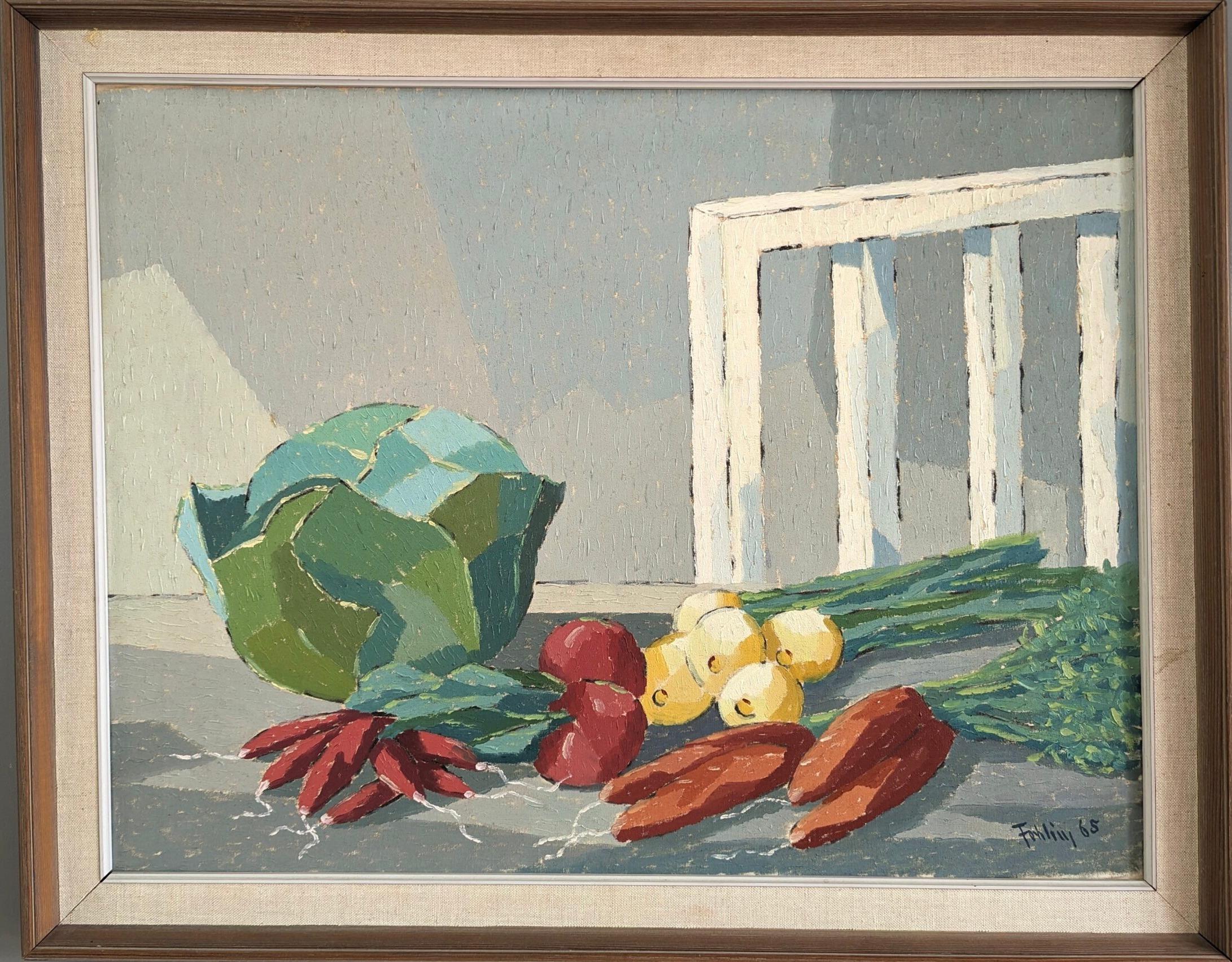 Unknown Still-Life Painting - 1965 Vintage Mid-Century Modern Swedish Still Life Oil Painting - Vegetables
