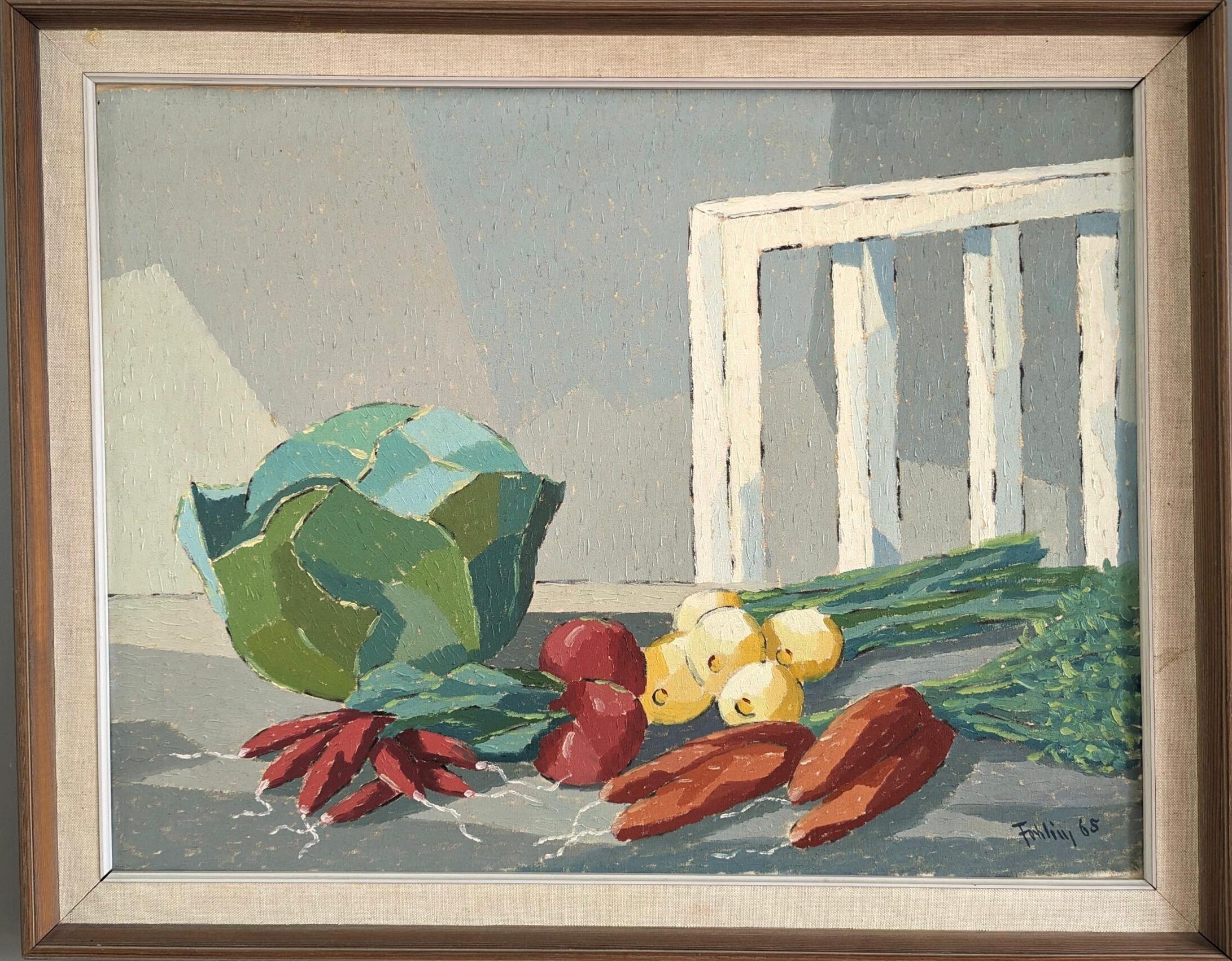 Still-Life Painting Unknown - 1965 Vintage Mid-Century Modern Swedish Still Life Oil Painting - Vegetables (Nature morte suédoise)