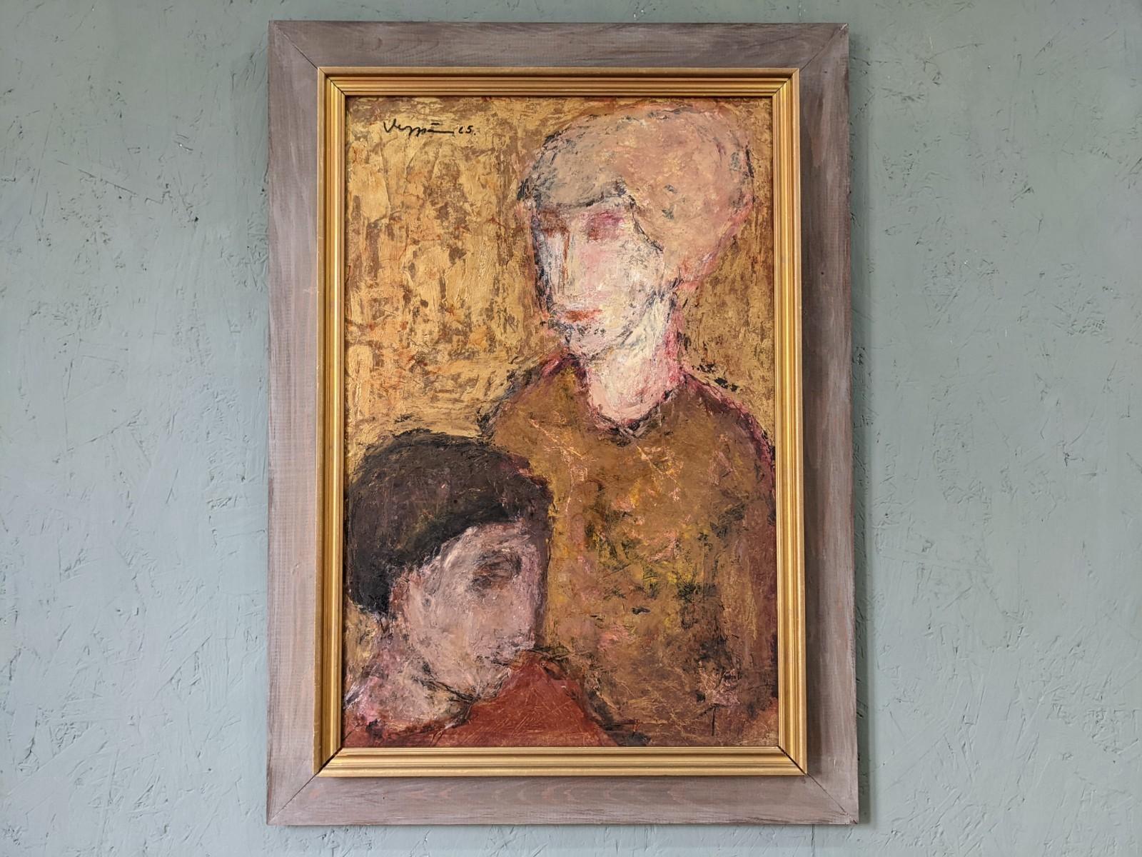 TENDER
Size: 68 x 50 cm (including frame)
Oil on board

A poignant and beautifully textured modernist figurative portrait painting, executed in oil onto board and dated 1965.

This composition captures a tender moment where an older figure is