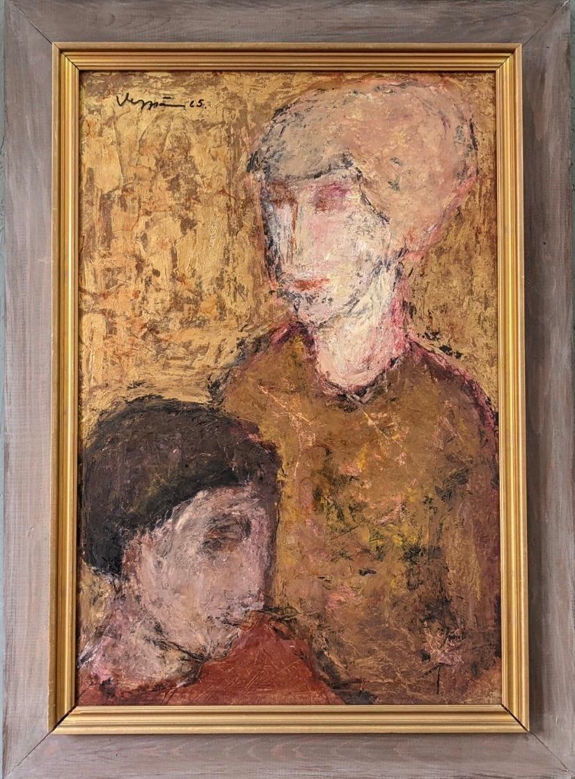 Unknown Figurative Painting - 1965 Vintage Swedish Framed Figurative Portrait Oil Painting - Tender