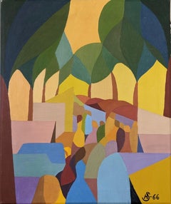 1966Vintage Abstract Street Scene Unframed Oil Painting - Streets of Barcelona