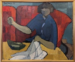 Vintage 1967 Mid-Century Modern Swedish Figurative Framed Oil Painting - The Red Couch