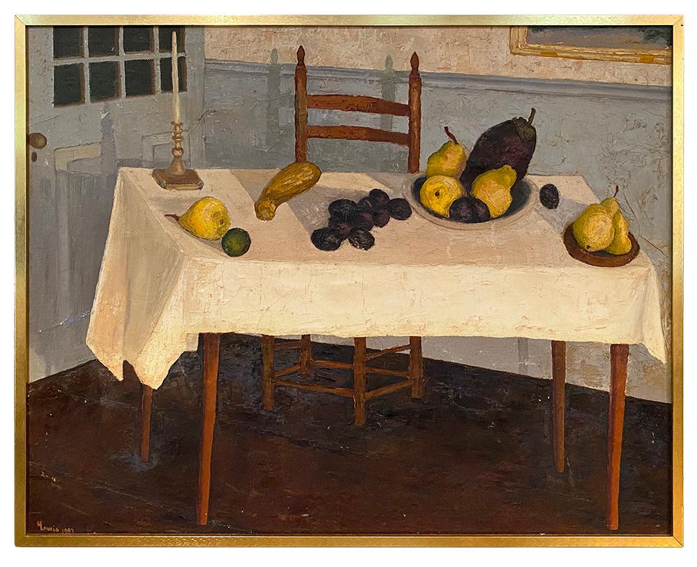 Unknown Still-Life Painting – Ölgemälde, Raum mit Tisch und Obst, 1967 