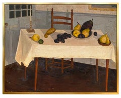 Retro 1967 Oil Painting, Room with Table and Fruit 