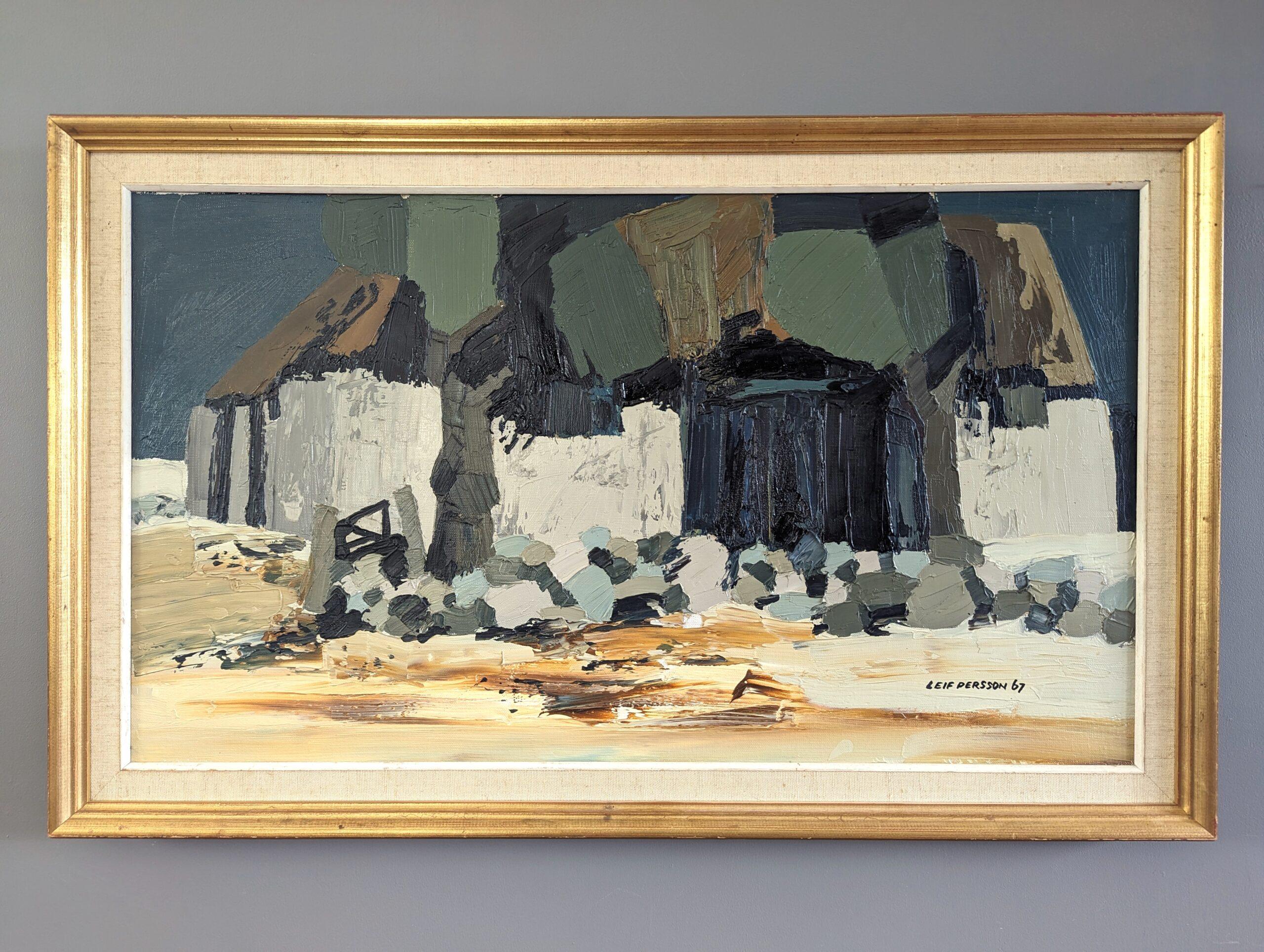 NATURE DWELLINGS
Size: 42.5 x 68 cm (including frame)
Oil on Canvas

A brilliantly executed semi-abstract composition, painted in oil onto canvas and dated 1967.

In this abstract nature landscape, all realistic details have been omitted and we can