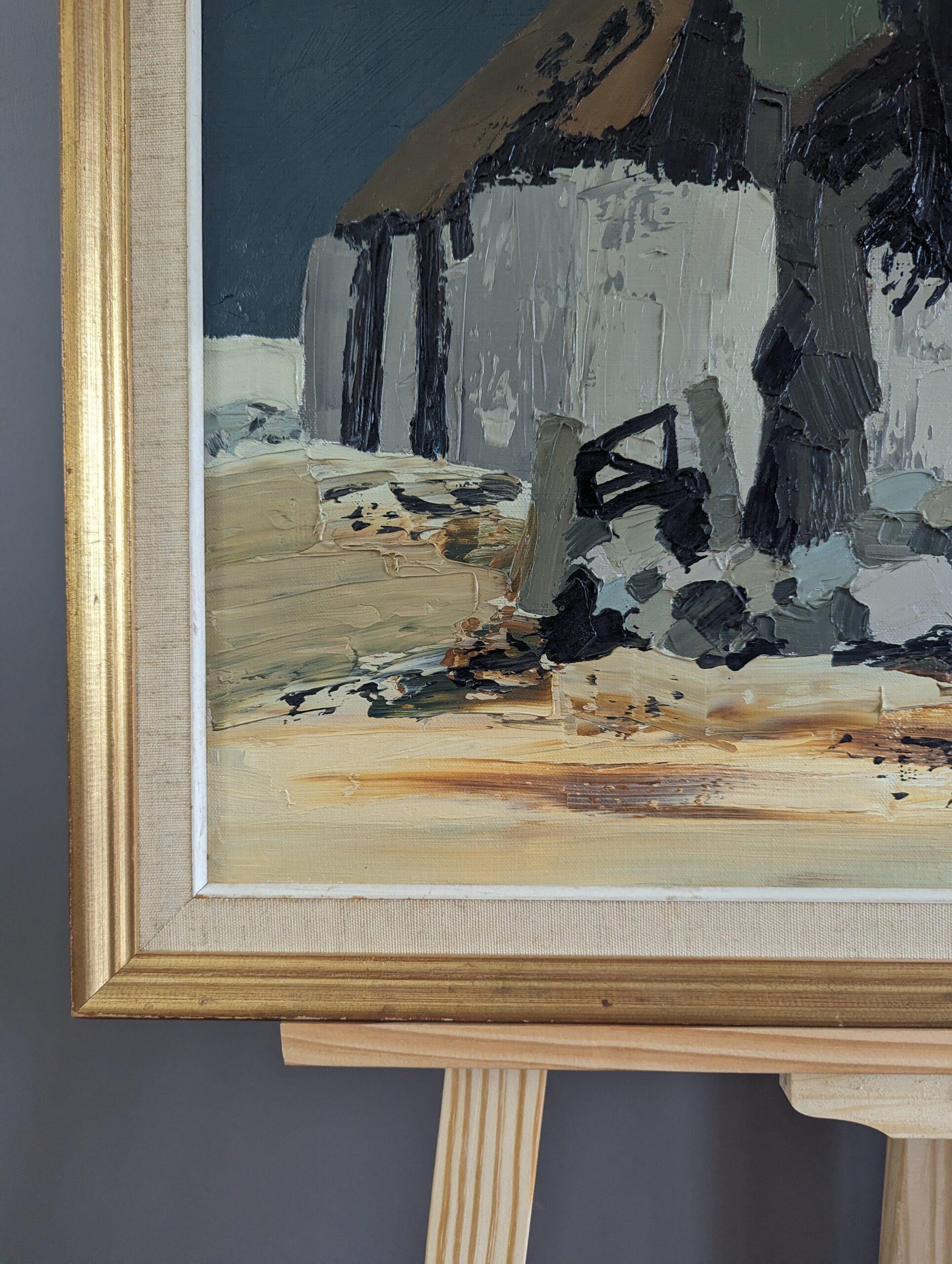 1967 Vintage Mid-Century Abstract Landscape Oil Painting - Nature Dwellings For Sale 4
