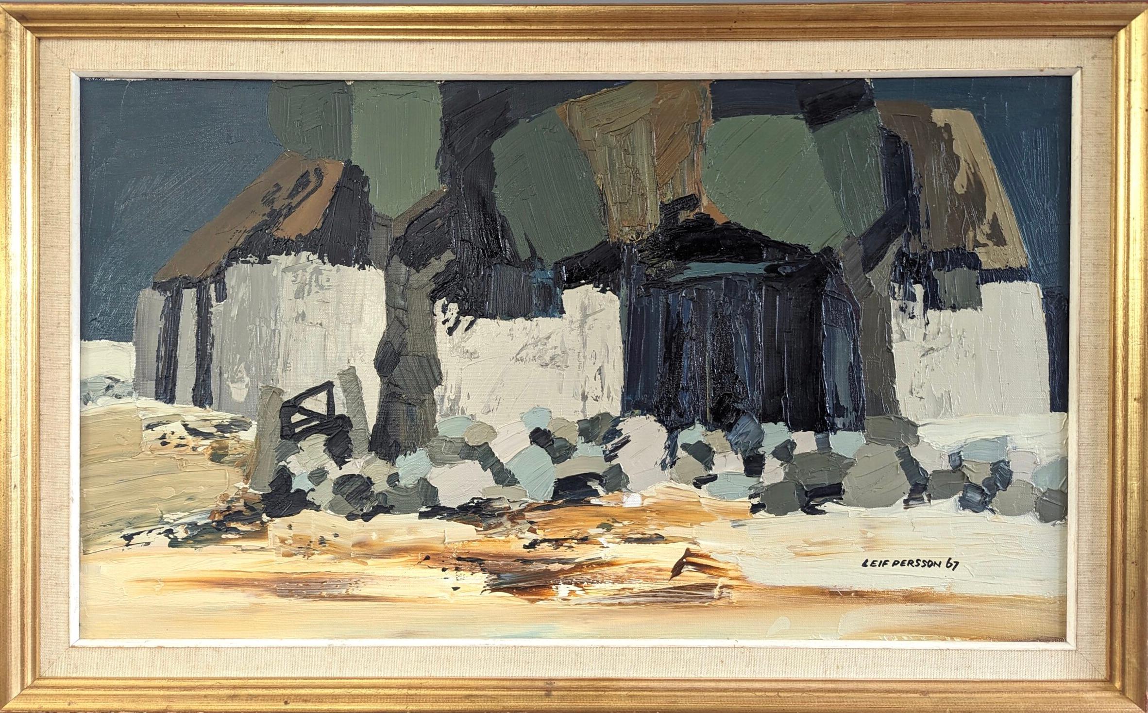 Unknown Landscape Painting – 1967 Vintage Mid-Century Abstrakte Landschaft Ölgemälde - Nature Dwellings