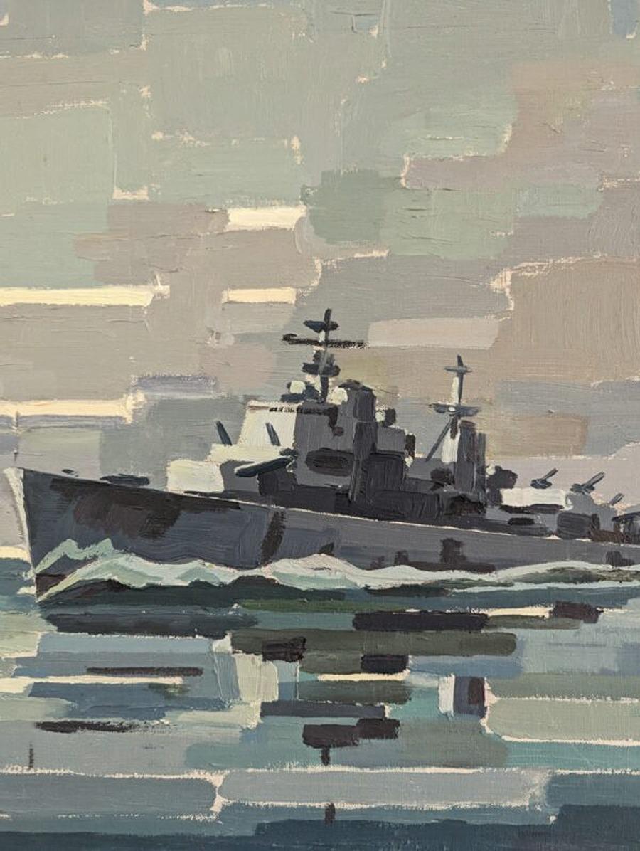 1967 Vintage Mid-Century Modern Abstract Seascape Oil Painting - The Navy Ship For Sale 8
