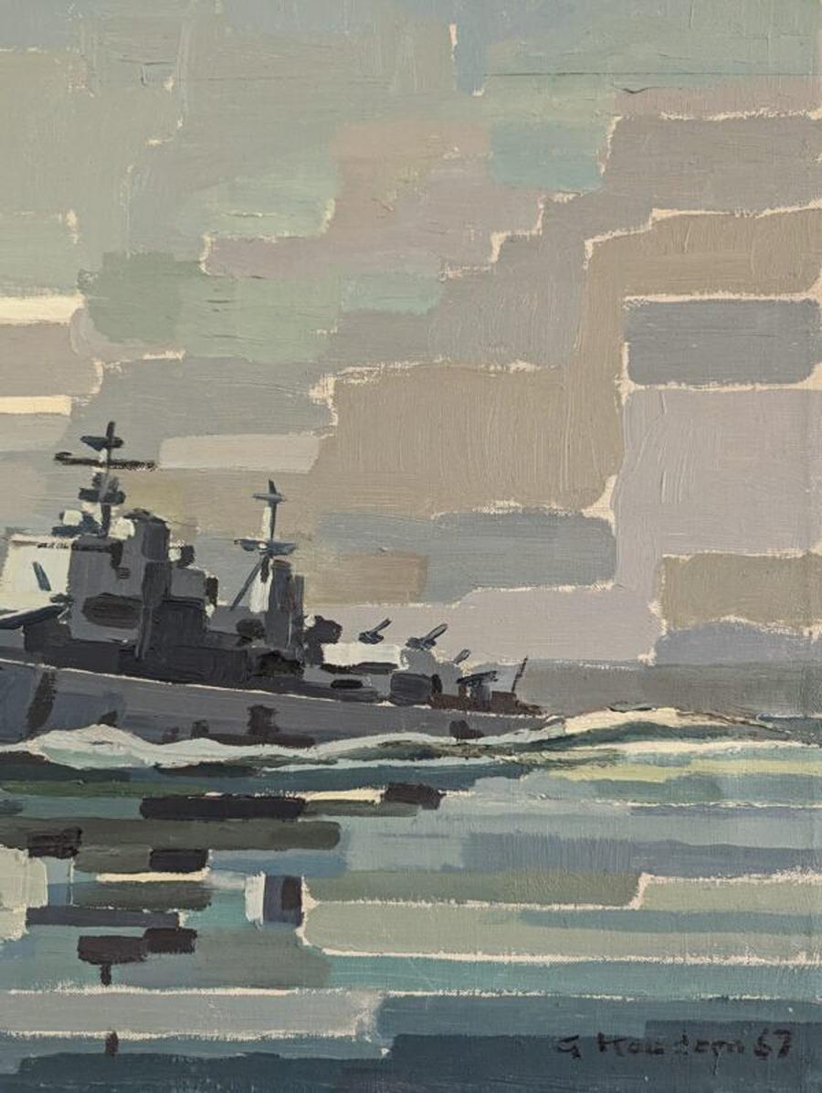 1967 Vintage Mid-Century Modern Abstract Seascape Oil Painting - The Navy Ship For Sale 9